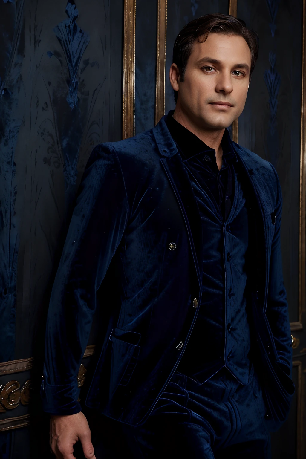 Portrait photo of a handsom man, (((45 years old))), short brown hair, (((bleu velvet suit:1.3))), ((black shirt:1.4)), (((no beard:1.3))), Dark blue backgroud.