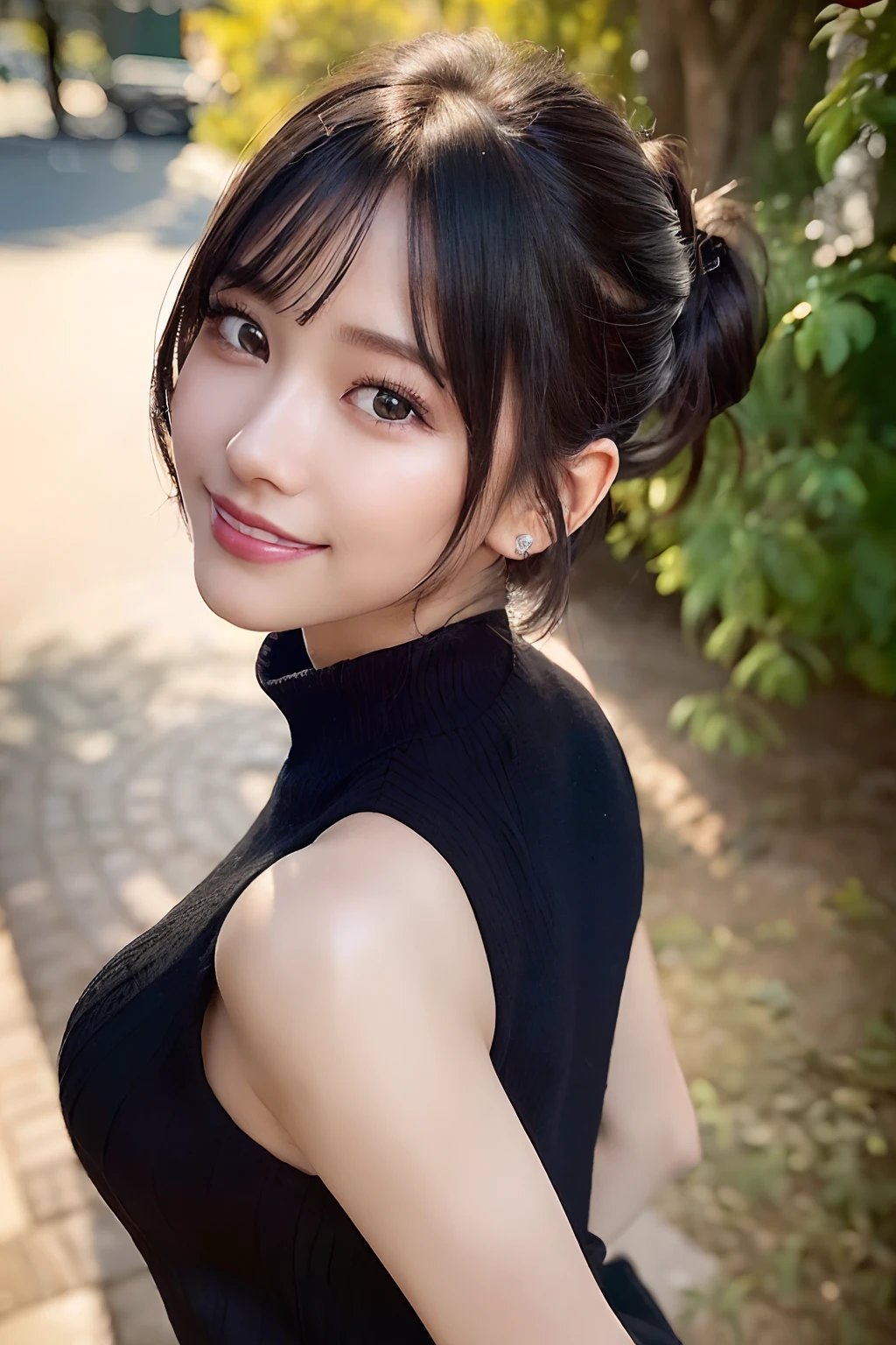 (8K、Raw photography、Highest quality、masterpiece:1.2),(Black Hair、Dark Eyes:1.9),(:1.6)、View your audience,Viewed from the front,White skin,(:1.3)、(Tight waist:1.6)、(Clothes that accentuate the shape of the breasts:1.0)、(Big Breasts :1.3)、Slim figure、Ultra-high resolution,beautiful,beautiful fece,(One person、No background:1.9),whole bodyボディー,Japanese women,(reality的:1.37)、Photon Mapping,reality、(Baby-faced and cute: 1.4)、(Cute Smile: 1.8)、(Round face: 1.8)、Radio City、Physically Based Rendering、Depth of field rally background、photograph, (I can see your knees、Thigh close-up:1.8),(Camel Toe:1.6),whole body、Great quality