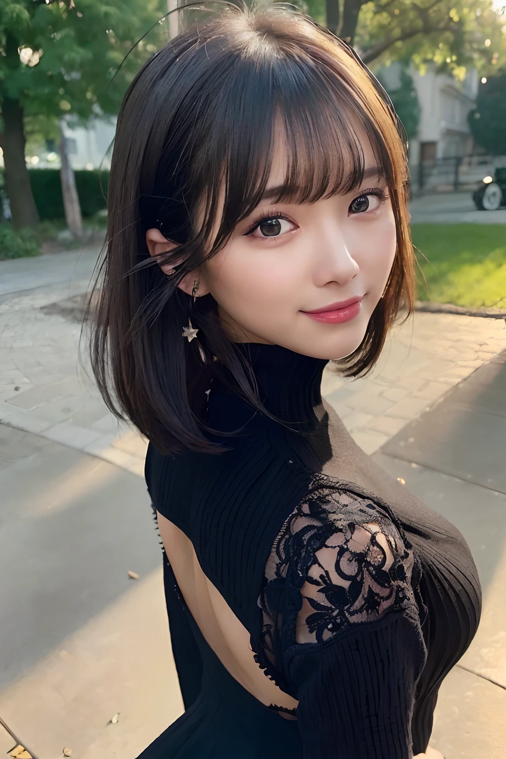 ((Best Quality:1.2, 8k, photo realistic:1.2, Masterpiece:1.2, super fine :1.2, a beautiful women, back light, Highly Detailed face Textures, detailed beauty makeup, realistic skin, detailed double eyelids, black eyes, detailed bangs)), ({{{ribbed sweater}}},bare arms, bare back,:1.2), (park background), (smiling), (detailed Brilliant shiny black on light hime cut hair), ((cowboy shot)), ((low angle shot))