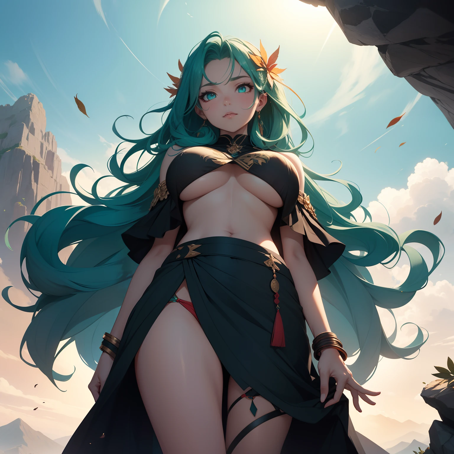 (masterpiece, 8k, best quality), photorealistic, cinematic, dynamic background, 1 girl, realistic green hair, (((close-up shot, from below))), (head to toe visibility), perfect anatomy, curvaceous body, alluring, perfect eyes, perfect hands, perfect eyes, detailed eyes, large breasts, round ass, long round legs, ((panty slightly showing, underboobs)), in a realm where nature and magic entwine, envision a captivating tableau: a female wind magician stands poised upon the precipice of a majestic mountain cliff, her presence is an ethereal melody, her flowing emerald-green hair mirroring falling leaves, while a billowing cape – a symphony of cerulean and turquoise adorned with cloud-like embroidery – cascades from her shoulders, azure eyes hold the secrets of skies, and a simple circlet graces her forehead, suggesting a connection to the winds themselves, with an outstretched hand, she conjures a gentle whirlwind, (((leaves spiraling within it))), an ode to her mastery; above, the canvas of sky and clouds blends seamlessly with her attire, mirroring the serenity and dynamism she commands, this tableau forms where the mountain cliff, the winds, the leaves, and she herself harmoniously become one, extremely detailed Artgem, IG model, alena aenami and artgem, krenz cushart and artgem, artgem and atey ghailan