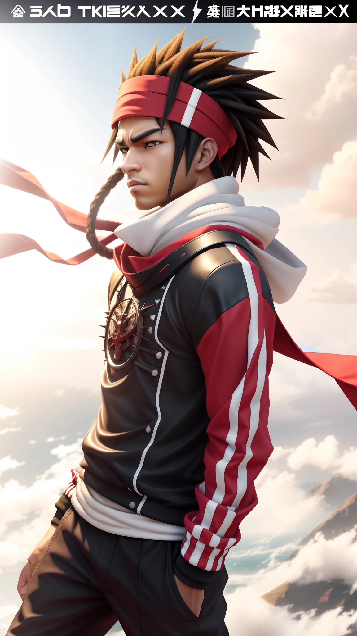 A light skinned mixed race African male with anime style spiked back hair, Red sleeves and hands in pockets, a red sweat band with a black line going down the side and a white line going down the side on the sweat band, with a long white shinobi scarf flowing in the wind standing in a dream like world standing on water on an endless sea horizon with endless clouds floating above, red eyes, red anime style spiked hair bangs in the front over the forehead, highest photo realistic