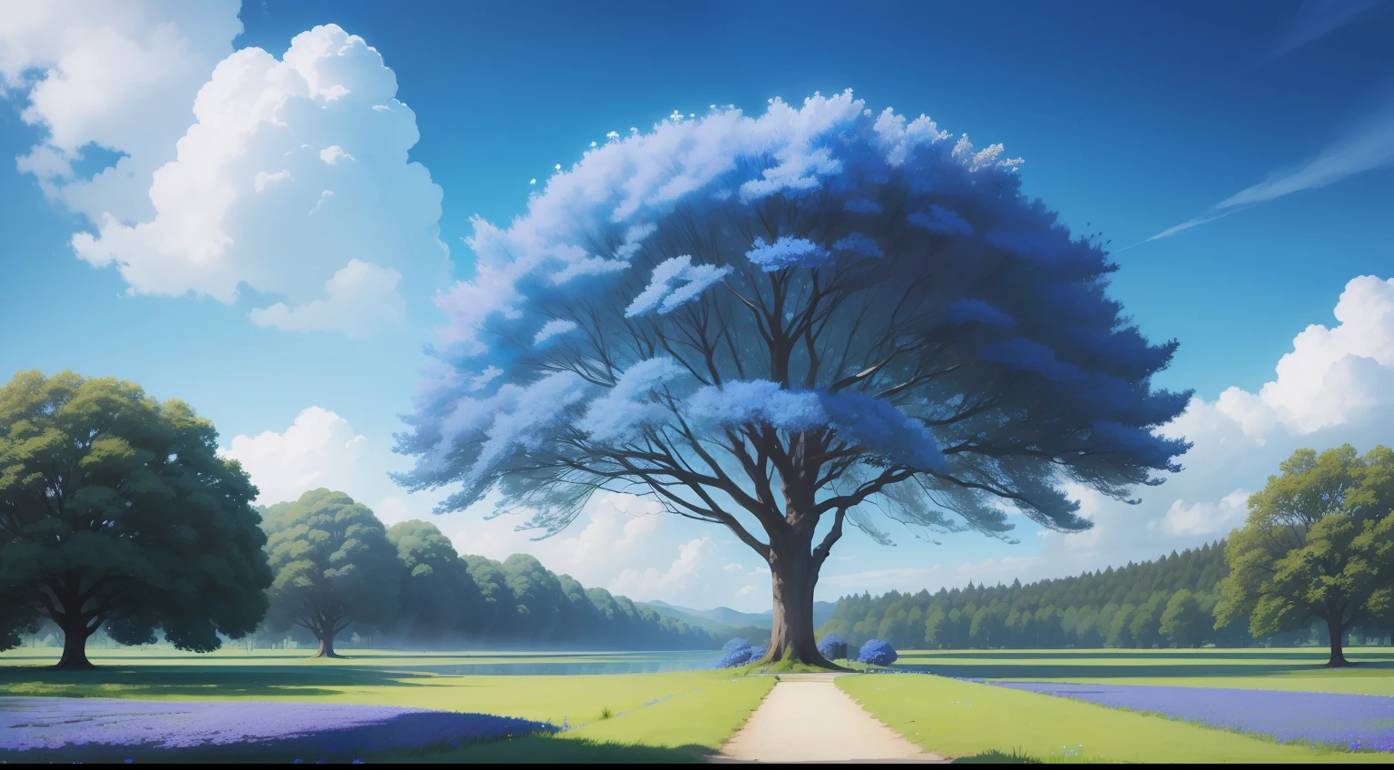 A beautifull place with blue flowers, nice trees and beautifull sky