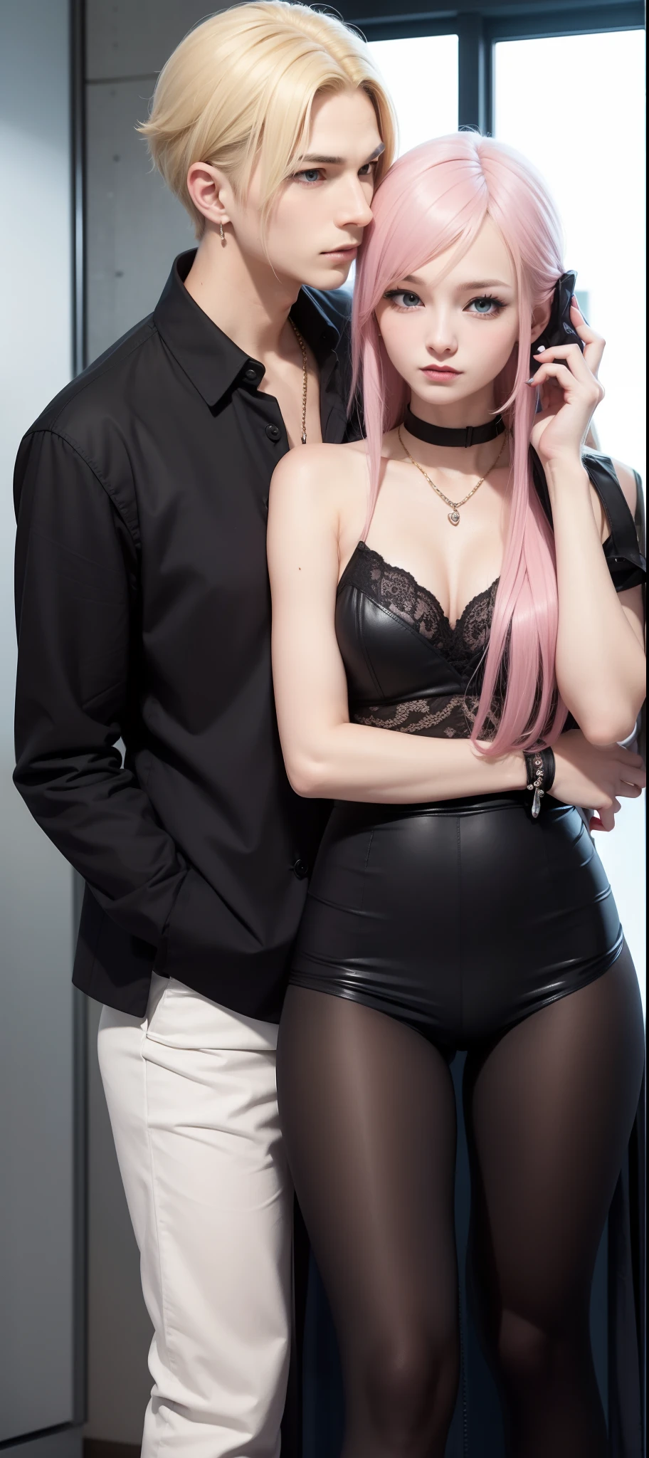 ​masterpiece, top-quality, 2Others, Male and female couples, 1 man and 1,, Adults, Height difference, different color, finely eye and detailed face, intricate detailes, high school summer uniform, High school couple, School Lab, In front of the main entrance, Hands on back, A smile, Happiness, tenderness, youthfulness, high-level image quality、 Beautiful men and women、tall、hug from behind、Trying to kiss、Kissing each other, window、nightfall、nighttime scene、𝓡𝓸𝓶𝓪𝓷𝓽𝓲𝓬、British men, Idol Photos, k pop, Professional Photos, Vampires, Fedoman with necklace, inspired by Sim Sa-jeong, androgynous vampire, :9 detailed face: 8, extra detailed face, detailed punk hair, ((asa)) baggy eyes, Seductive. Highly detailed, semi realistic anime, Vampires, hyperrealistic teen, delicate androgynous prince, imvu, short hair above the ears, Man with short hair, Woman with long hair, With a man with a glaring expression, Woman with a gentle expression, ((With a British man with short blond hair and light blue eyes)), ((Woman with pretty long pink hair and light blue eyes)),