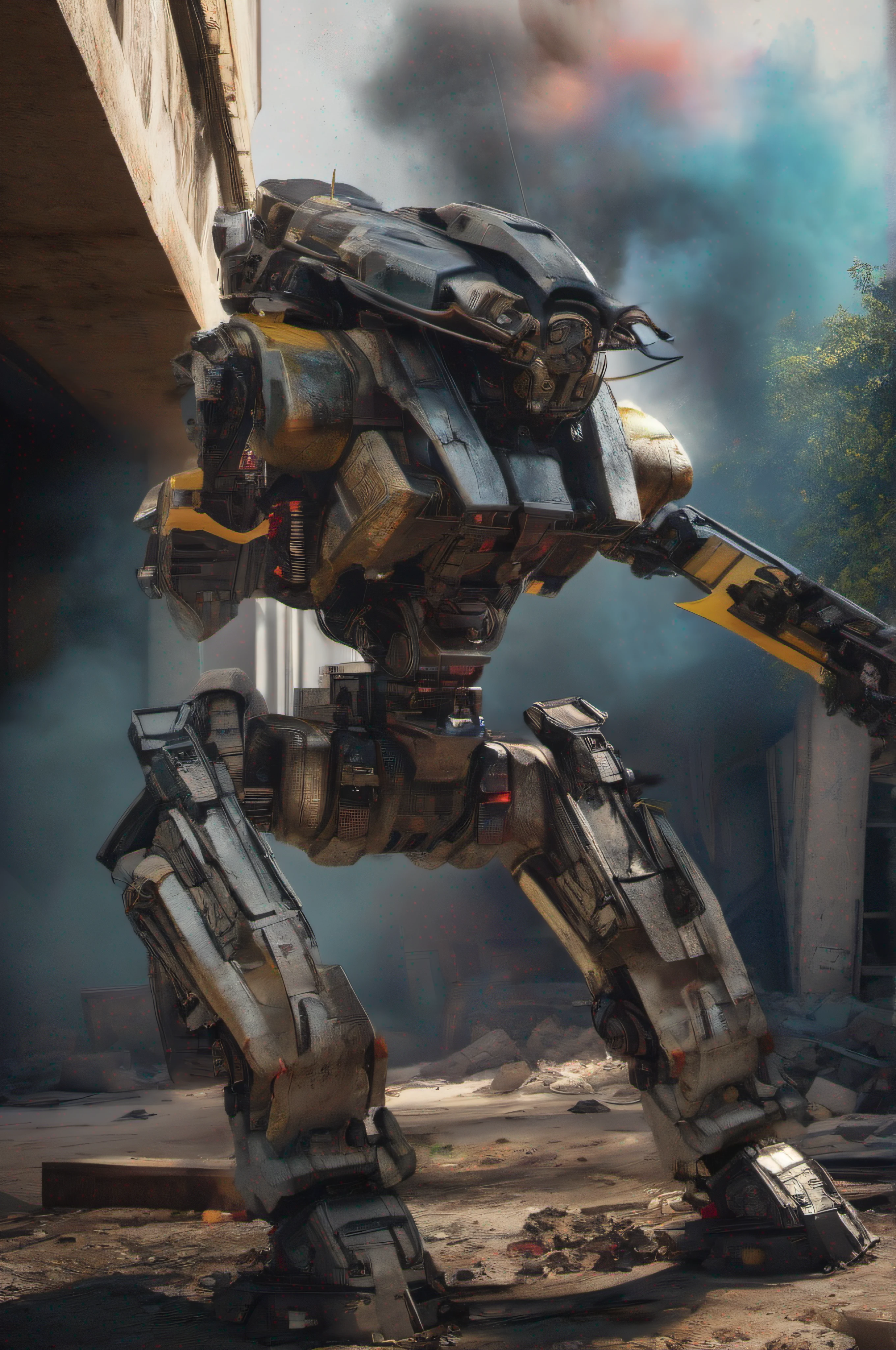 8k, Ultra Resolution, (((foto realista))), (((Cinematographer))), robots, mechas, mech, mech detallado, detalles intrincados, mecha afectado por explosiones, humanos corriendo, caos, en medio de una guerra caotica, destruyendo todo, Dynamic colors, colores vivos, colores ultra vivos, colores vibrantes, colores vivos, luz fuerte, brillante, violencia, caos, destruccion, muerte, explosiones