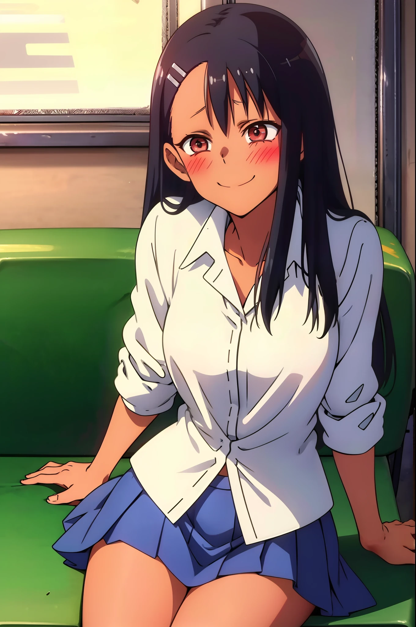 Nagatoro hayase, 1girl, standing, white shirt, lifting up blue skirt, (visible pink panties), smiling, black hair, brown eyes, long hair, sitting, (resting head on hand), hands behind back, leaning towards camera, blush, bare legs, black shoes, schoolgirl, in school, masterpiece, detailed, high quality, (sitting on green couch,green sofa)