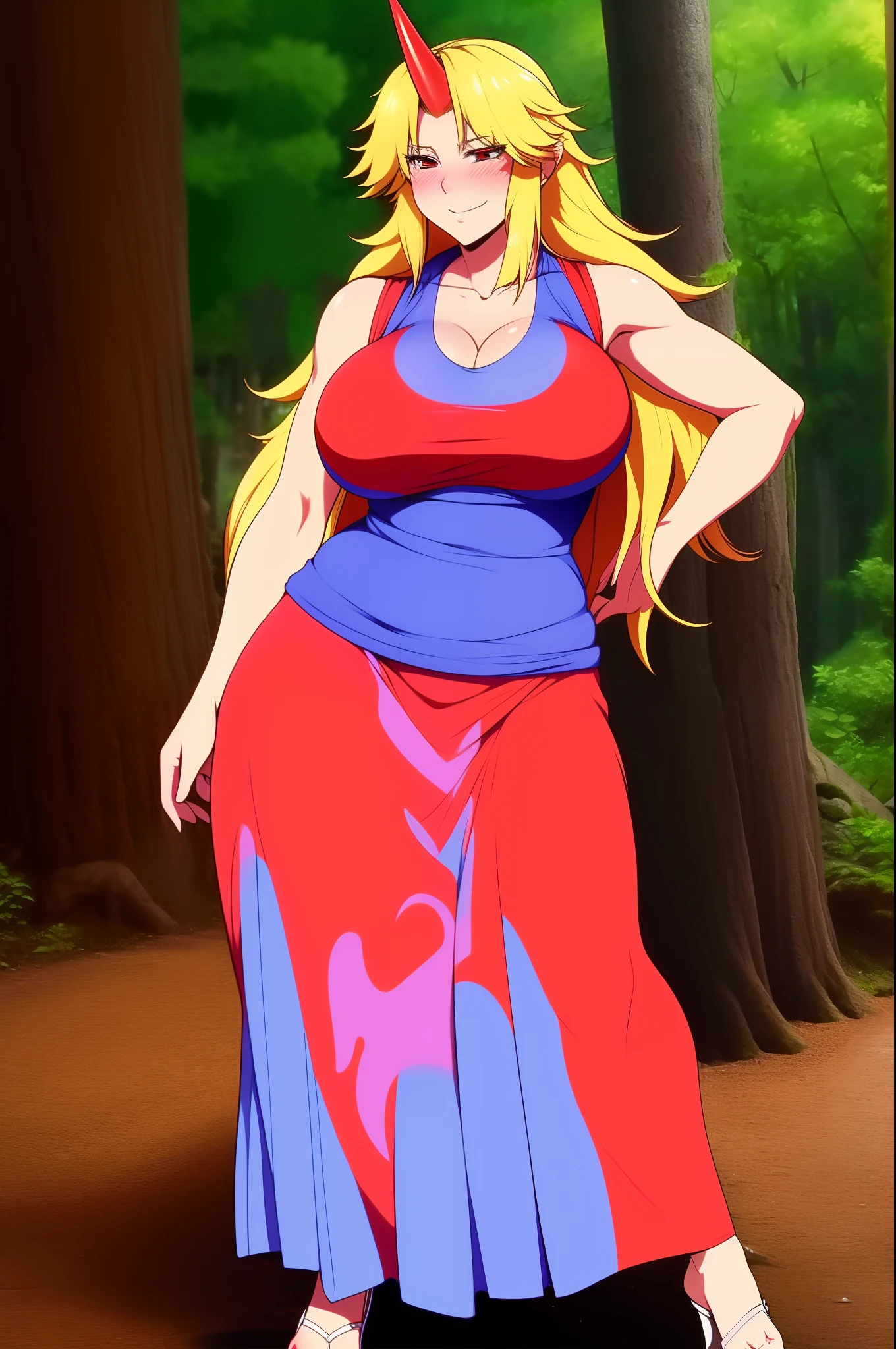 shiguma yuugi, vest, long skirt, medium breast, smile, oni, single horn, muscle girl, full body,, mevieval village, pullover, blush,blushy, long skirt, very long skirt tomboy,, forest,, blond hair red ,eyes