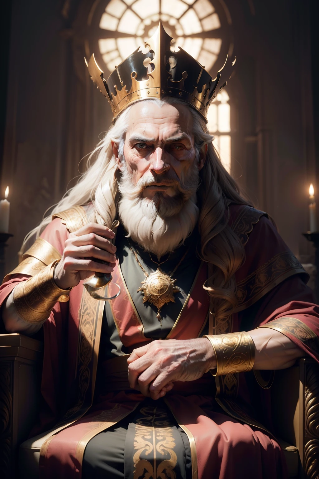 portrait, old man, Medieval King, beard and long hair, sitting on a throne, wearing a crown, wearing ancient luxury king clothes 
in reddish tones , gold details, 2 mil years ago, looking forward, gaze, centered, perfect composition, beautiful detailed intricate insanely detailed octane render trending on artstation, 8 k artistic photography, photorealistic concept art, soft natural volumetric cinematic perfect light, chiaroscuro, award - winning photograph, masterpiece, oil on canvas, raphael, caravaggio, greg rutkowski, beeple, beksinski, giger