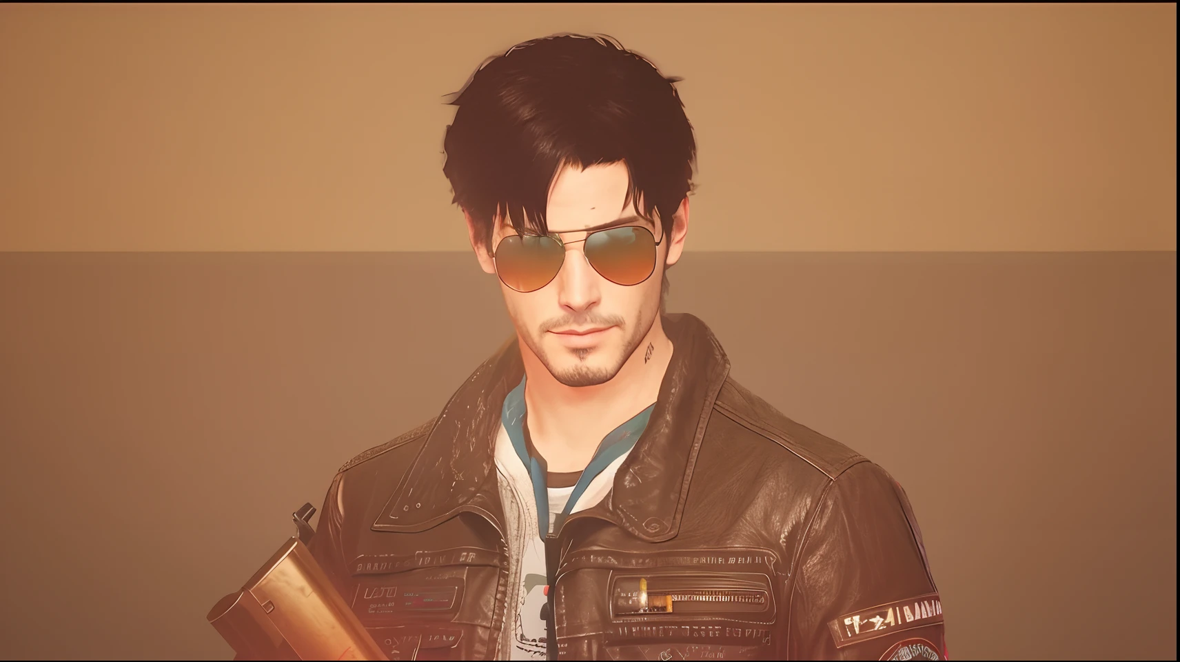 arafed man in a leather jacket holding a gun and wearing sunglasses, keanu reevez in disco elysium, jack baker from resident evil 7, inspired by Jean Malouel, wearing cyberpunk 2 0 7 7 jacket, as a character in tekken, inspired by Adam Dario Keel, as the protagonist of gta 5, as a character from gtav