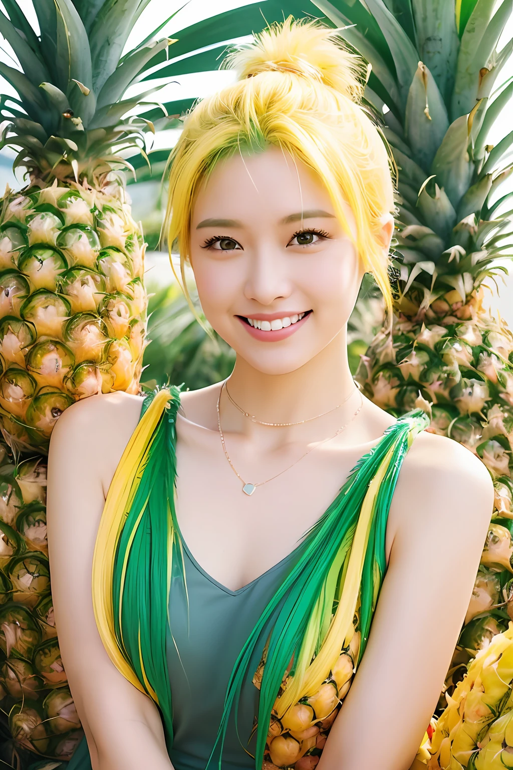 (extra detailed body、extra detailed face、best qualtiy:1.2)、femele、looking at the viewers、(Yellow and yellow-green gradient hair color、a smile、14years、Piercing of bird feathers up to the shoulder、a necklace、colourfull)、(Lots of pineapples in the background)