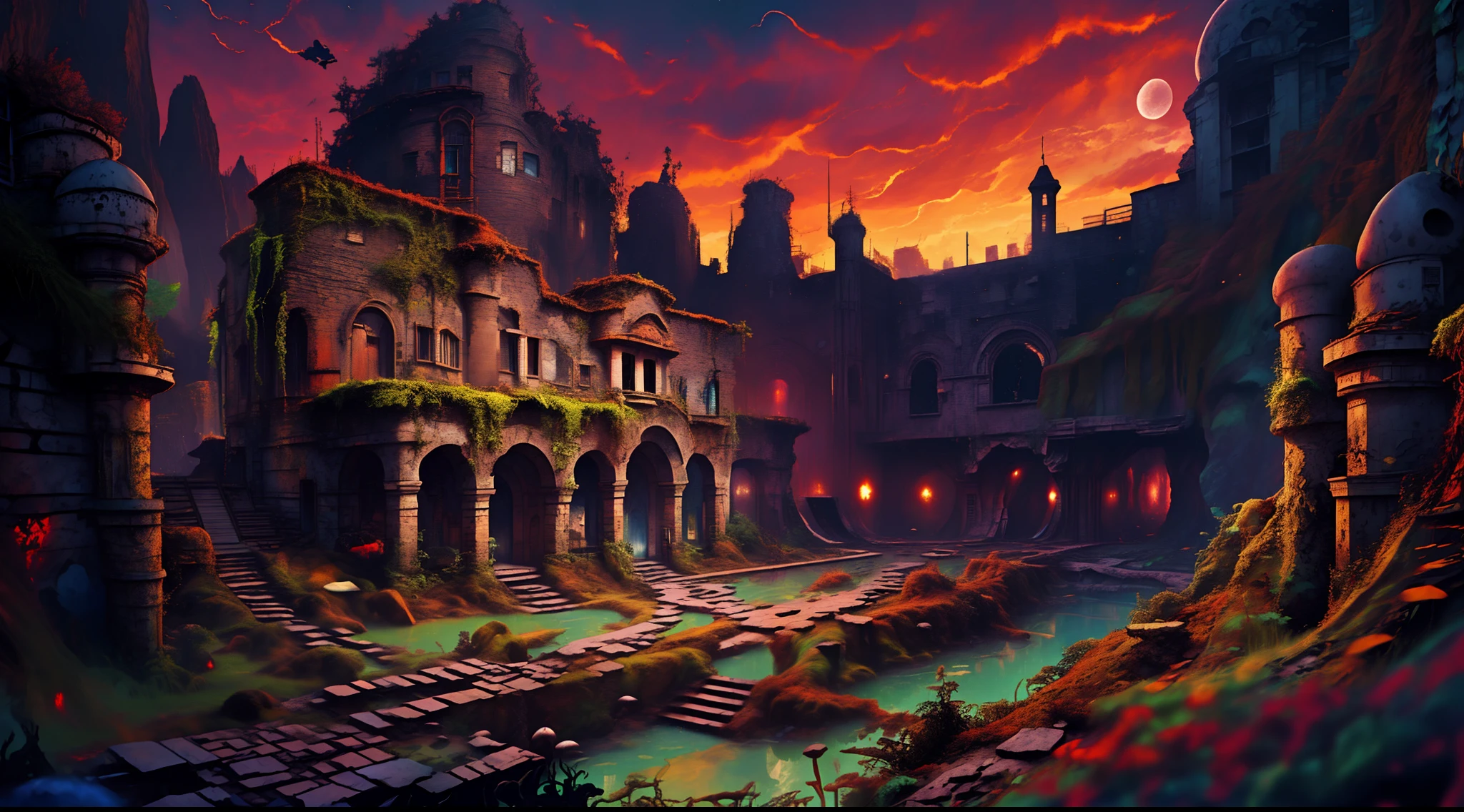 ((((masterpiece, best quality, high resolution)))), Extremely detailed 8K, (ultra detailed) wallpaper, ultra wide shot, photorealism, fantasy art, ancient fantasy_world dwarven (ultra detailed, Masterpiece, best quality) city abandoned, many half built building, abandoned fantasy_world temple (ultra detailed, Masterpiece, best quality), abandoned fantasy_world forge, 3 rats, a skeleton leaning on a wall, moss covering some of the buildings, dim light fantasy_night, shadows, silhouette, depth of field, city built under the mountain in a big cave,