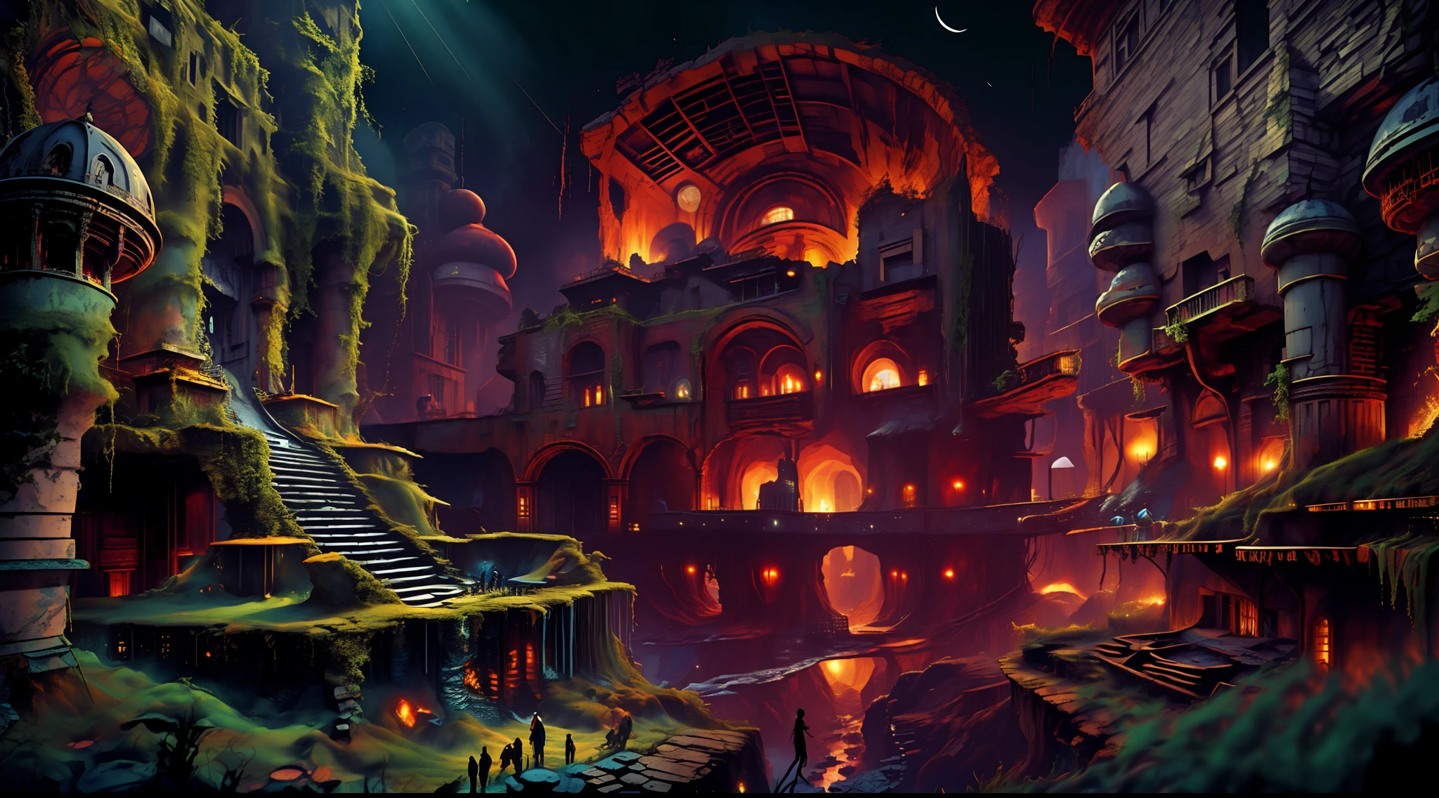 ((((masterpiece, best quality, high resolution)))), Extremely detailed 8K, (ultra detailed) wallpaper, ultra wide shot, photorealism, fantasy art, ancient fantasy_world dwarven (ultra detailed, Masterpiece, best quality) city abandoned, many half built building, abandoned fantasy_world temple (ultra detailed, Masterpiece, best quality), abandoned fantasy_world forge, 3 rats, a skeleton leaning on a wall, moss covering some of the buildings, dim light fantasy_night, shadows, silhouette, depth of field, city built under the mountain in a big cave,