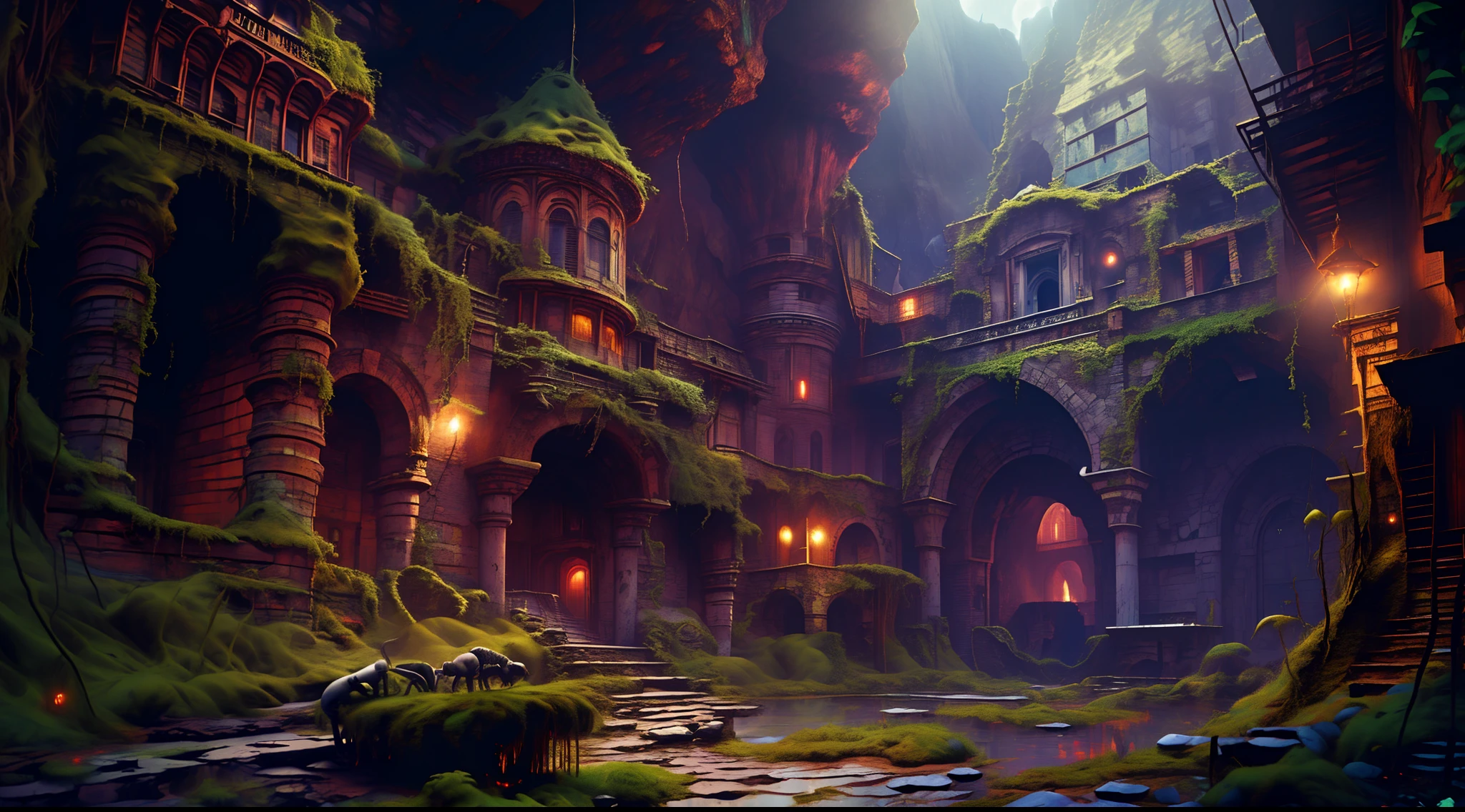 ((((masterpiece, best quality, high resolution)))), Extremely detailed 8K, (ultra detailed) wallpaper, ultra wide shot, photorealism, fantasy art, ancient fantasy_world dwarven (ultra detailed, Masterpiece, best quality) city abandoned, many half built building, abandoned fantasy_world temple (ultra detailed, Masterpiece, best quality), abandoned fantasy_world forge, 3 rats, a skeleton leaning on a wall, moss covering some of the buildings, dim light fantasy_night, shadows, silhouette, depth of field, city built under the mountain in a big cave,