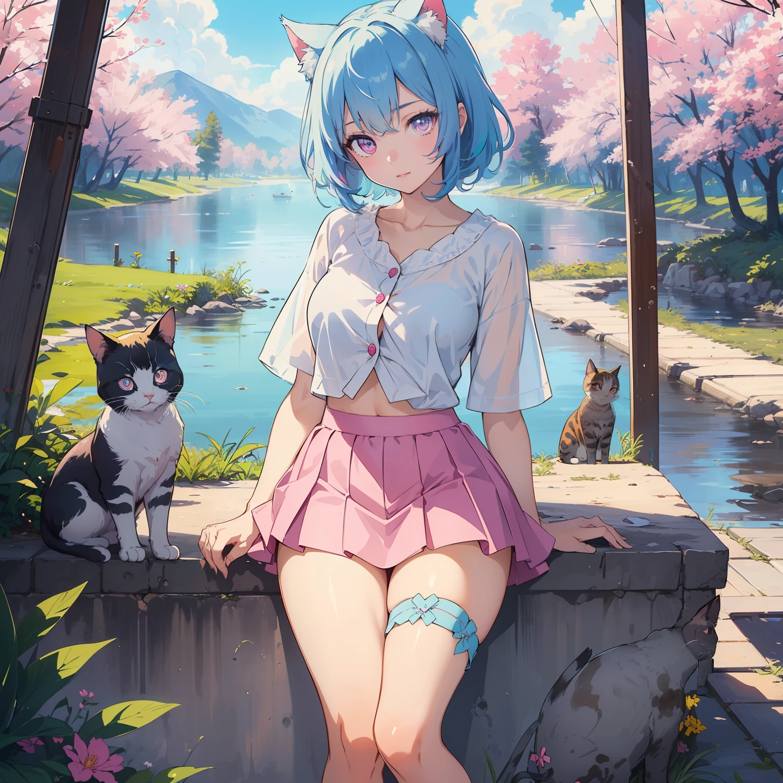 (finely detailed beautiful eyes and detailed face,masterpiece, full body shot, sidelighting,masterpiece,best quality,detailed,high resolution illustration),
(1girl,whole body,bishoujo,lustrous skin,looking down,looking at viewer),
(sky blue hair,pink eyes,short skirt,cat ears,button tsk top shirt)