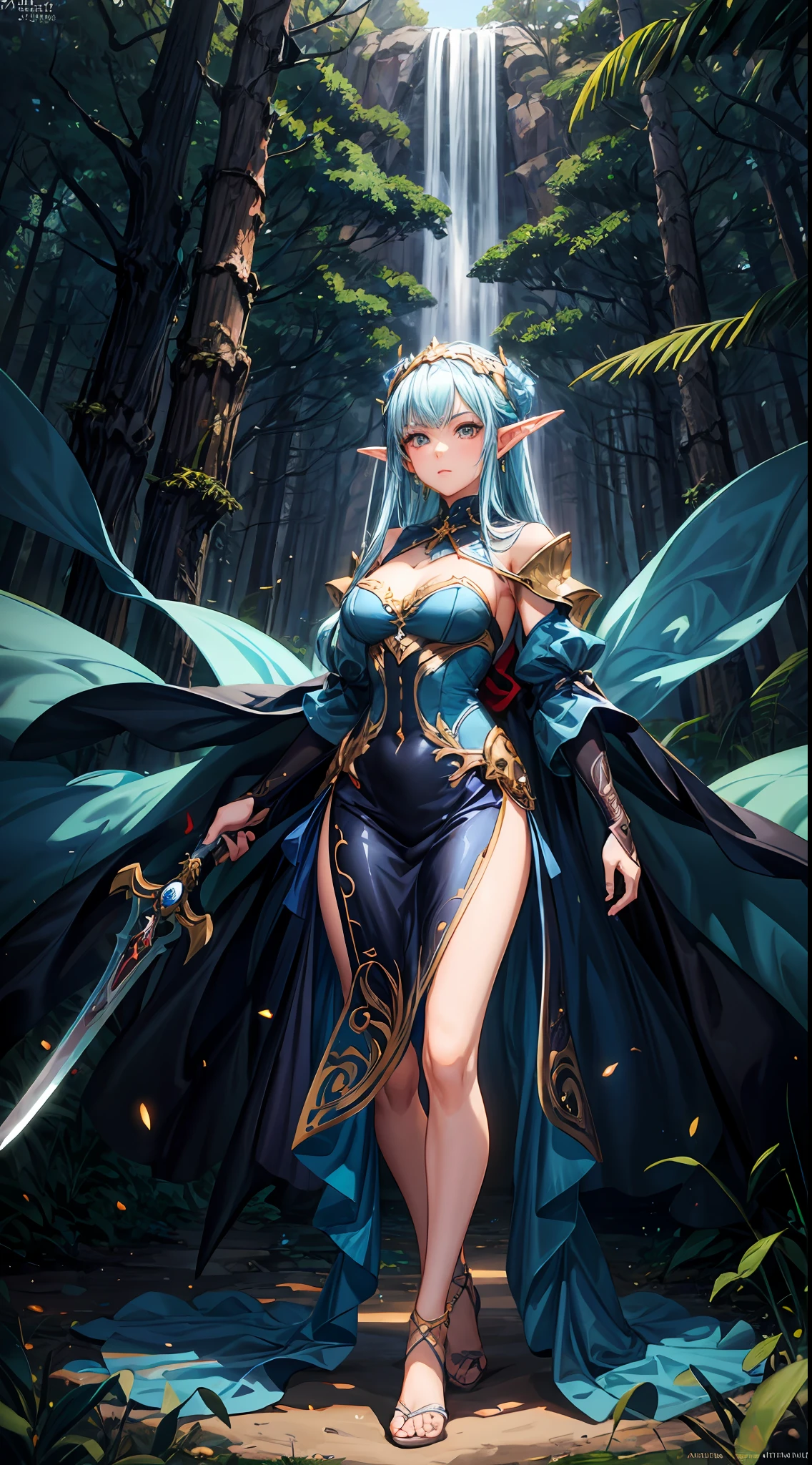 A woman in a blue dress holds a sword in the forest, Extremely detailed Artgerm, Epic fantasy art style, Fantasy art style, rossdraws sakimimichan, alluring elf princess knight, :: rossdraws, Artgerm Plat, artgerm and rossdraws, Artgerm and Atey Ghailan, Anime fantasy illustration, wlop rossdraws