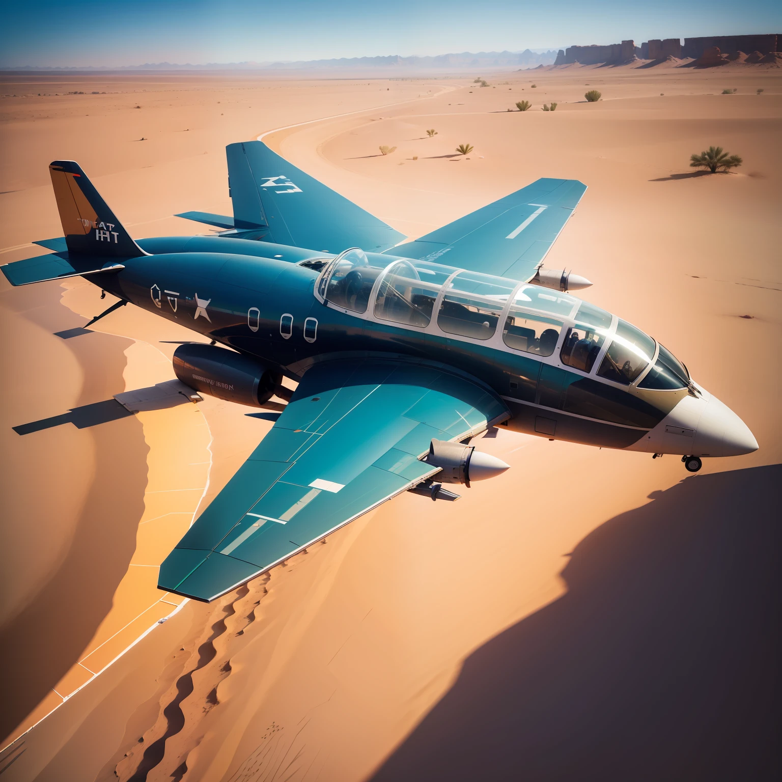 An airplane with one wing traveling through the desert all glass and plastic