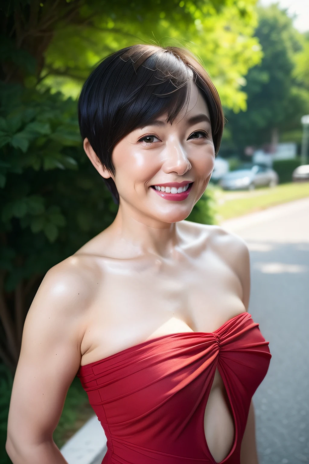 A MILF,Beautiful face,A MILF, Beautie, 40 years, Wrinkles at the corners of the eyes,blush、Seductive smile、naughty expression、Heavy breathing,Full body shot, masutepiece, Best Quality, (Photorealistic:1.4), a photography of a beautiful woman, 3 point perspective, Smiling, Red lips, Perfect face, Detailed face,Strapless_onepiece swimsuit ,highleg_Wedgie suim suits:1.2、thong one piece swimsuit:1.2,、(standing nipple:1.2)、(a pixie cut_boyish),Outdoor photography_on the road、during daytime,