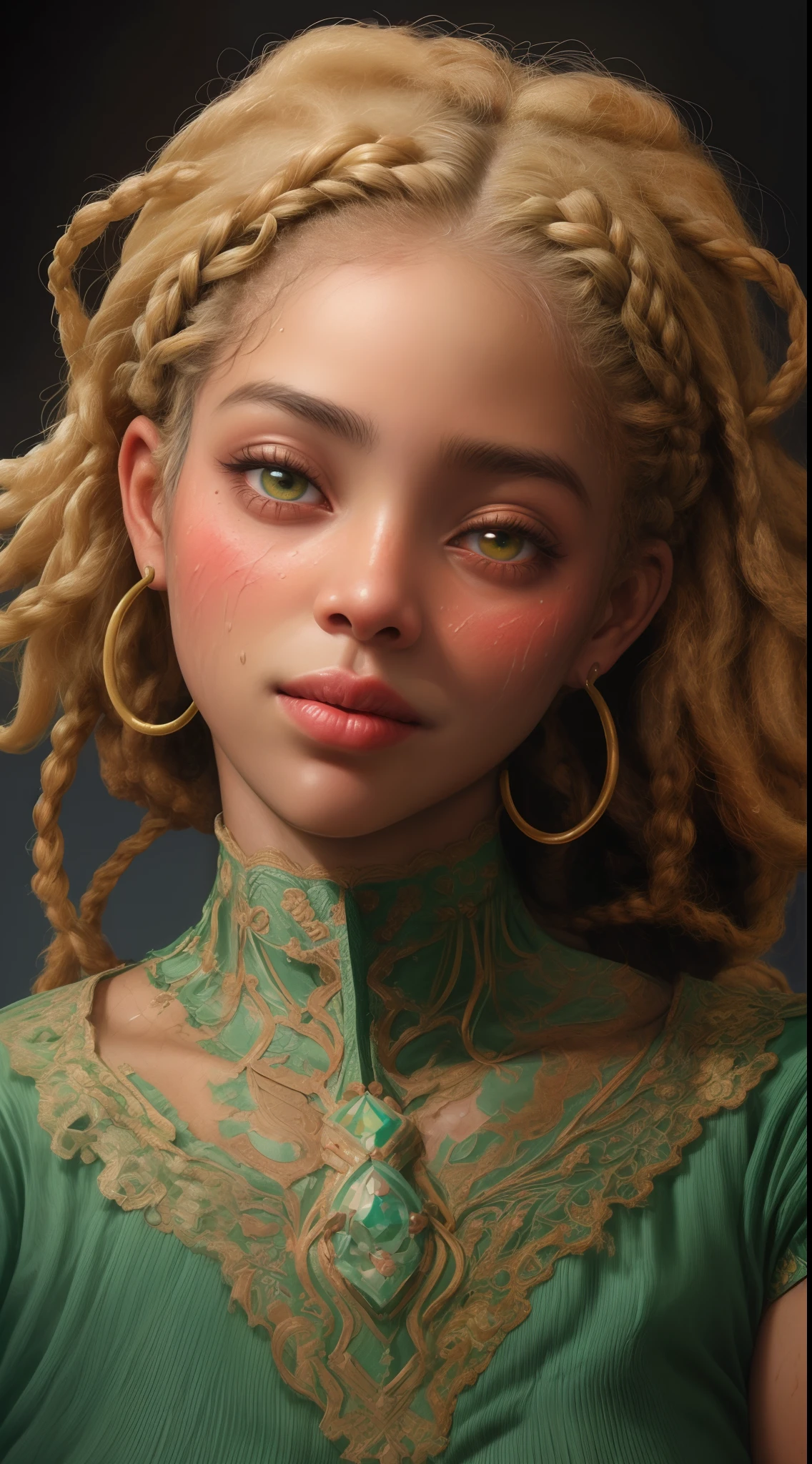 Retrato de 1 close up garota de 18 anos sorrindo, afro Americana olhos grandes verdes boca carnuda com batom vermelho sardas e manchas na pele, sweaty skin with imperfections, hair with braids and blonde bangs, detalhes intricados ( 8k super realista)