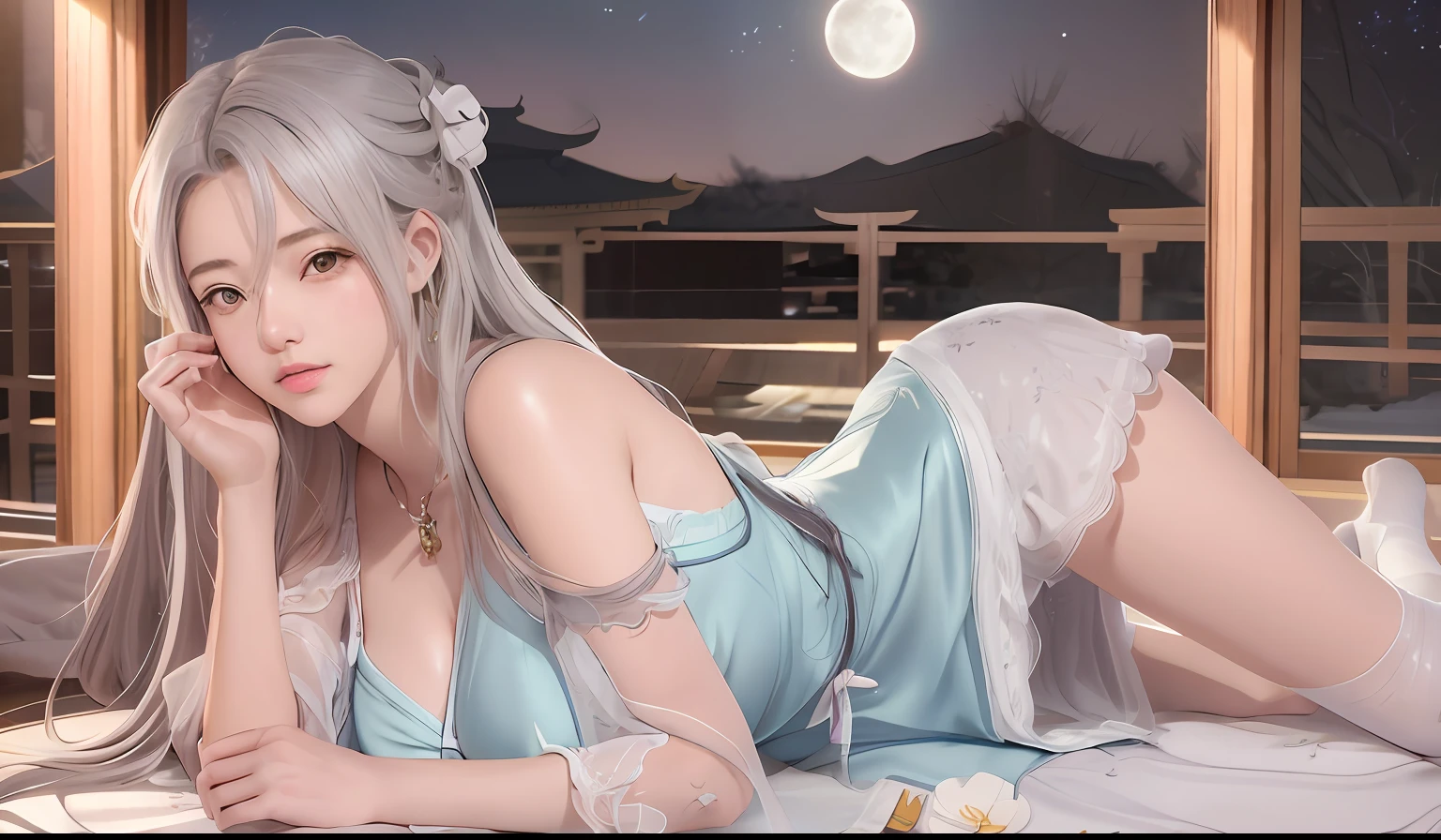 Anime girl lying on bed,The background is the full moon, seductive anime girls, trending on cgstation, beautiful and seductive anime woman, trending at cgstation, Anime goddess, Beautiful anime girl, Anime girl cosplay, Japanese goddess, attractive anime girls, Beautiful anime woman, Guviz, beautiful anime girl crouching, cute anime waifu in a nice dress