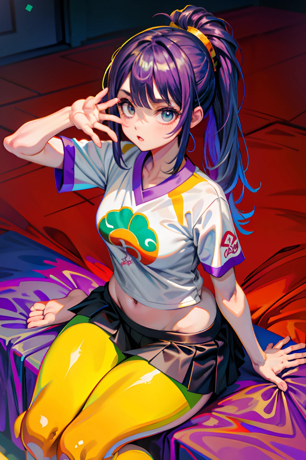 (melhor qualidade:1.2, realista, ultra-detalhado), jovem linda mulher, levantando a saia e revelando a calcinha, vestindo uma mini-saia, Vestindo uma saia curta, retrato sedutor, Open shirt showing the bra
