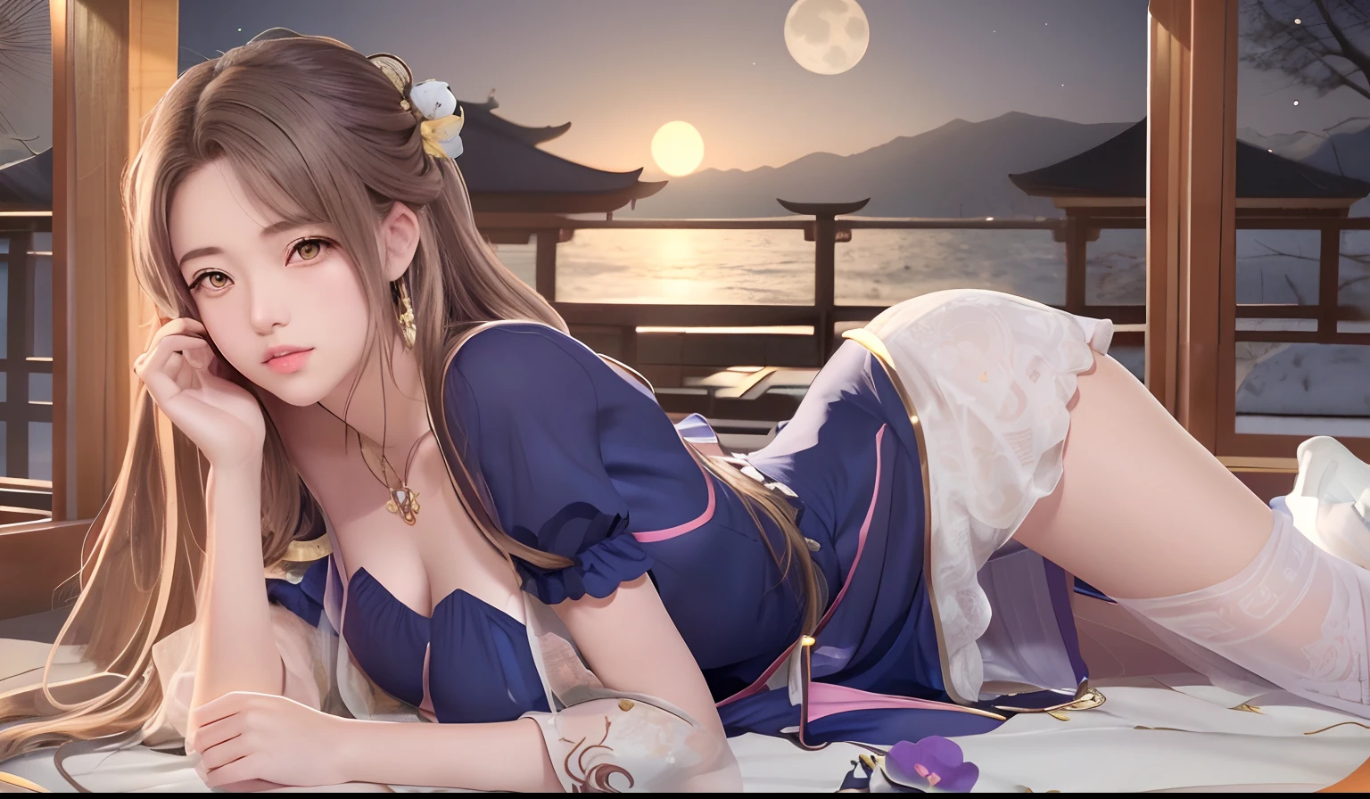 Anime girl lying on bed，The background is the full moon, seductive anime girls, trending on cgstation, beautiful and seductive anime woman, trending at cgstation, Anime goddess, Beautiful anime girl, Anime girl cosplay, Japanese goddess, attractive anime girls, Beautiful anime woman, Guviz, beautiful anime girl crouching, cute anime waifu in a nice dress