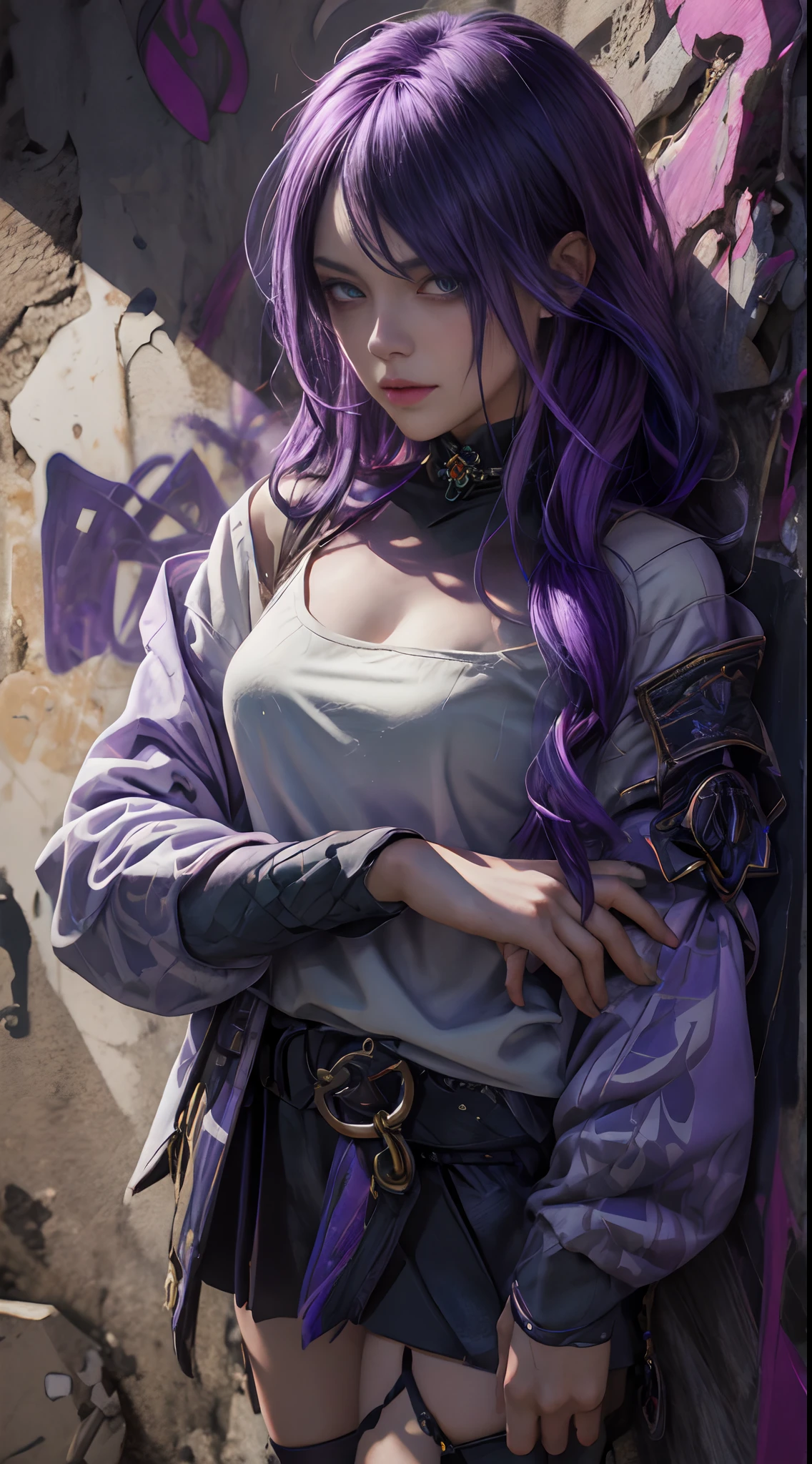 (masterpiece, best quality, 1girl, solo, intricate details, chromatic aberration), realistic, ((medium breath)),long hair, purple hair, purple head ornament, purple highlights, hair over one eye, green eyes, sharp eyes, choker, neon shirt, torn legwear, open jacket, turtleneck sweater, against wall, brick wall, graffiti, dim lighting, alley ,look at viewer,