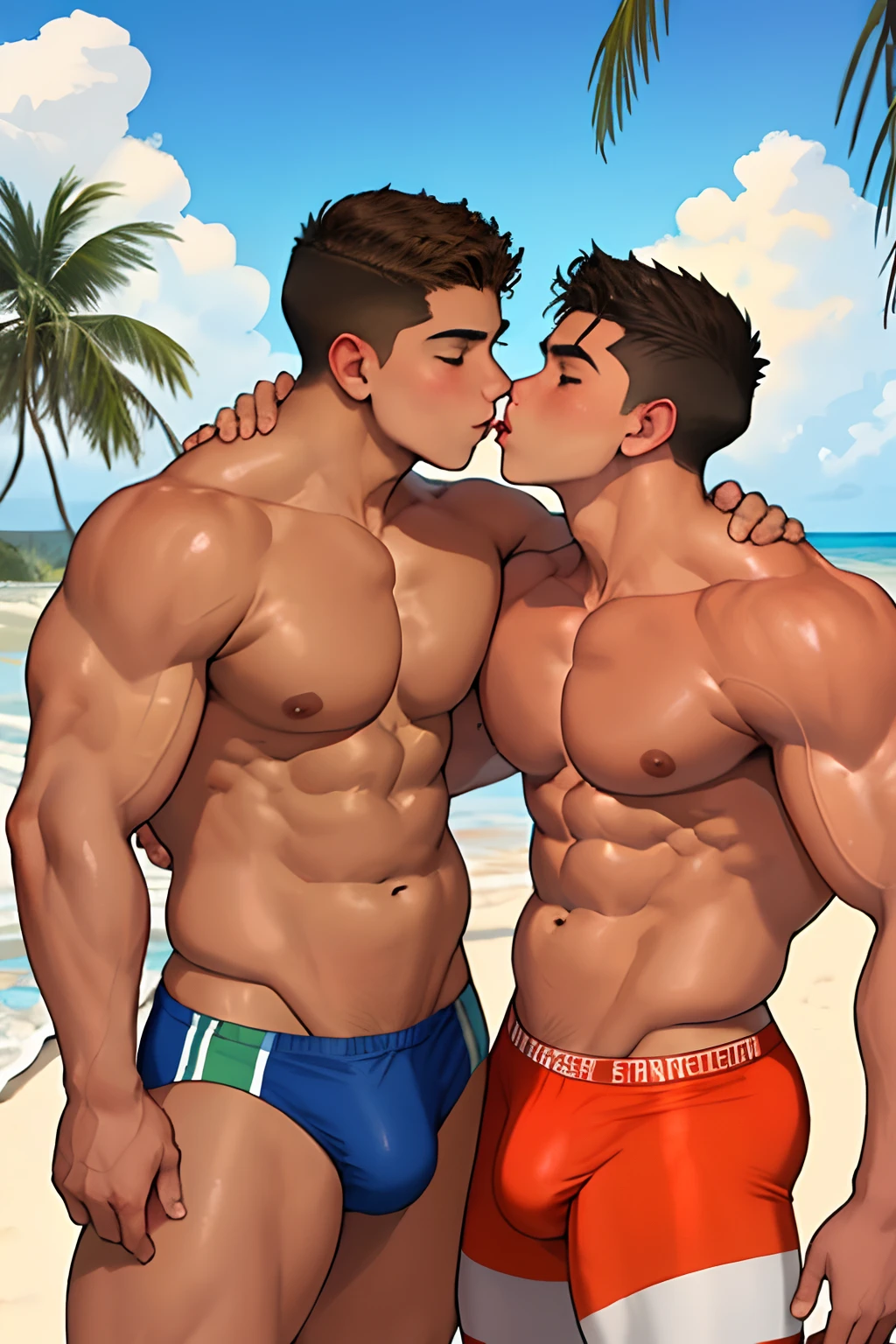 A two (2boys) teens in the beach of  (Mexican ethnicity) tan skin massive muscular bodybuilder with extraordinary biceps pectorals triceps traps, plump, Gigachad, kisses, gay kiss