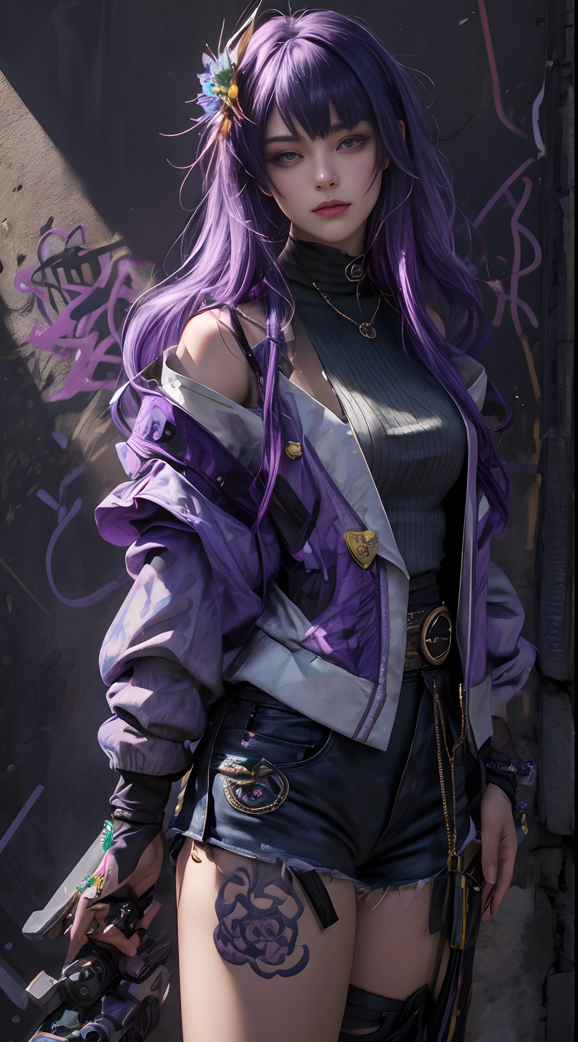 (masterpiece, best quality, 1girl, solo, intricate details, chromatic aberration), realistic, ((medium breath)),long hair, purple hair, purple head ornament, purple highlights, hair over one eye, green eyes, sharp eyes, choker, neon shirt, torn legwear, open jacket, turtleneck sweater, against wall, brick wall, graffiti, dim lighting, alley ,look at viewer,