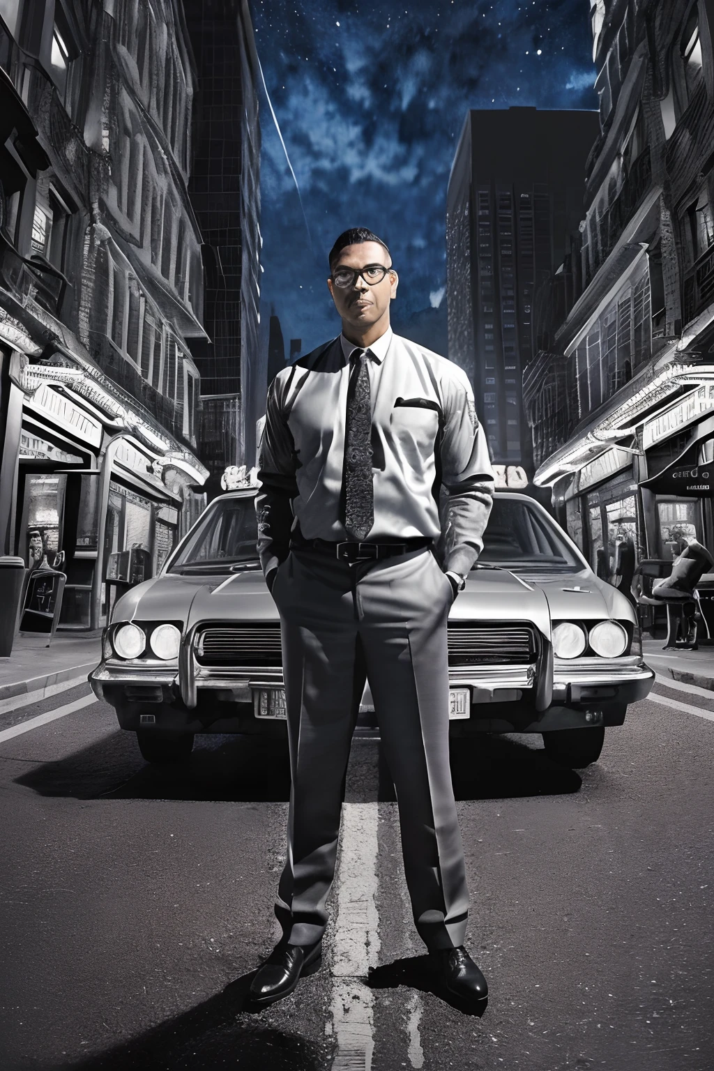 guttonerdvision10, a drawing of a bespectacled man wearing glasses, with a (hyper-detailed face:1.3), wearing social clothing with a tie, posing next to his silver gray sedan car. Street, night, illuminated buildings, hyperrealistic background, background blur. By Alex Ross, detailed, 8k