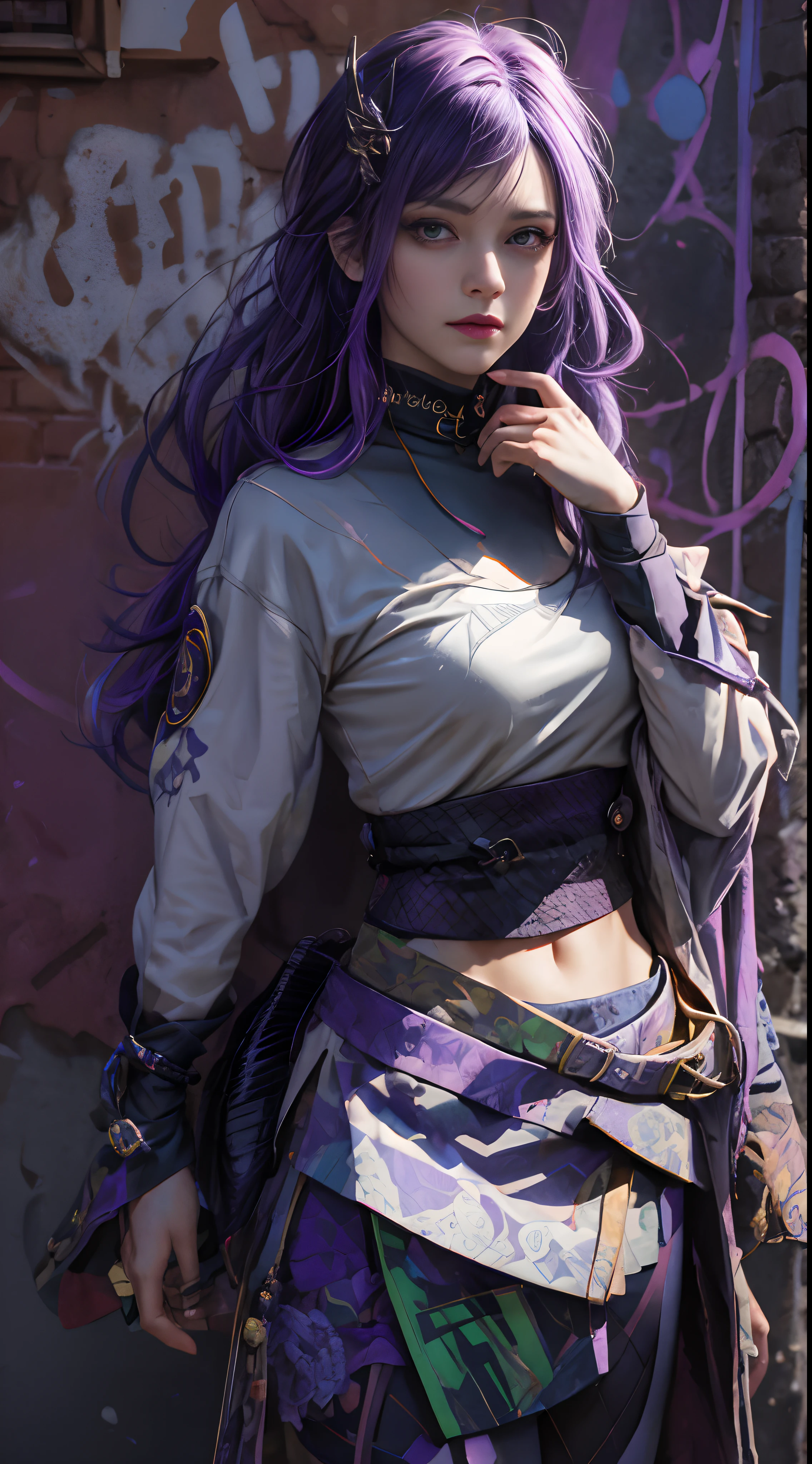 (masterpiece, best quality, 1girl, solo, intricate details, chromatic aberration), realistic, ((medium breath)),long hair, purple hair, purple head ornament, purple highlights, hair over one eye, green eyes, sharp eyes, choker, neon shirt, torn legwear, open jacket, turtleneck sweater, against wall, brick wall, graffiti, dim lighting, alley ,look at viewer,