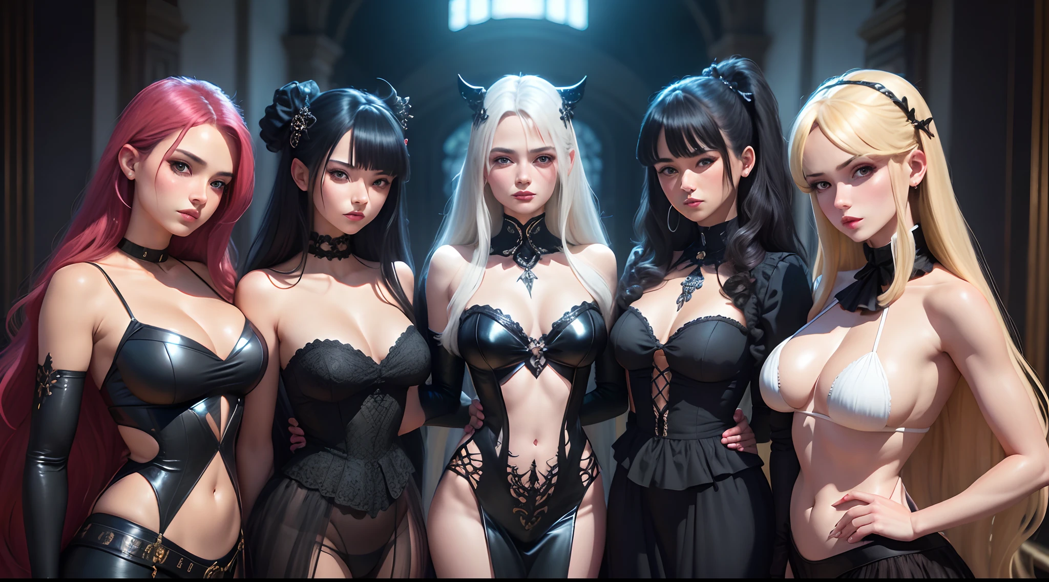 Uma mulher bonita no estilo do realismo do anime, cabelos ondulados e corpo fino perfeito, Masterpiece Digital art with Gothic influence Animecore, baga, vibrante, Sala de estar, Highly detailed Gothic-style background, eye catching composition, Artgerm, Milo Manara, foco nítido, retrato