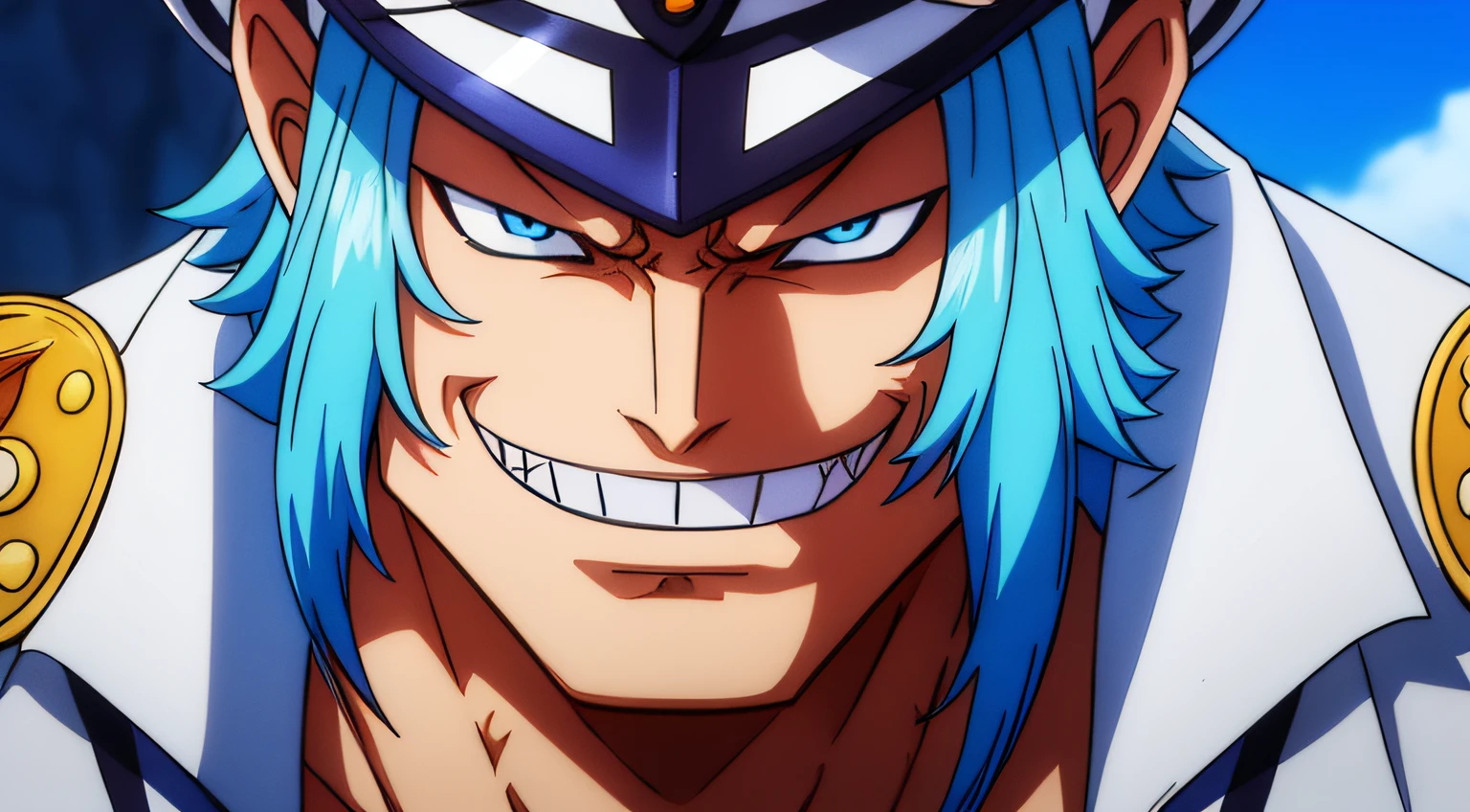 1boy, marine outfit, wanostyle, blue hair, long hair, blue eyes, sharp face, masculine, white marine clothing, muscular, marine cap, marine cloak, white tiger mink, sharp teeth, human face, sunny, smile, human features but white tiger ears and sharp teeth, ((masterpiece)), (best quality), (extremely detailed), depth of field, sketch, dark intense shadows, sharp focus, soft lighting, hdr, colorful, good composition, spectacular, anime screencap