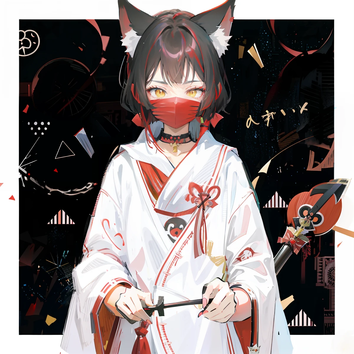 anime character with cat ears and a red sasher holding a knife, nekomimi, with kitsune mask, in anime style, in an anime style, in japanese anime style, ((wearing aristocrat robe)), handsome japanese demon boy, anime catgirl, anime girl with cat ears, anime style character, anime style only, anime cat, cute anime catgirl
