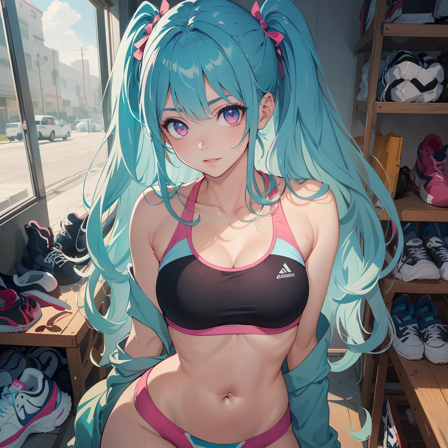 (finely detailed beautiful eyes and detailed face,masterpiece, full body shot, sidelighting,masterpiece,best quality,detailed,high resolution illustration),
(1girl,whole body,bishoujo,lustrous skin,looking down,looking at viewer),
(sky blue hair,pink eyes,aqua color bikini, sports bra, sneakers)