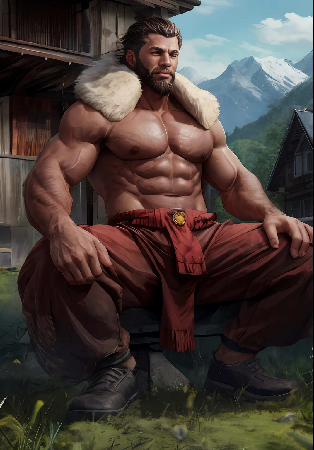 Uncle brunette standing next to the dilapidated house，40-year-old man，Asian men，Robust body，Large muscles，Huge pectoral muscles，Oily skin reflexes，sweat leggs，dark-brown skin，Shirtless，（Swarthy thighs），Spread your legs，Confident expression，Keep your eyes open，Rough face，Beard，white mustache，white body fur，Red Lingeri，Dark cloth shoes，（（Crotch bulge）），Cross your hands at the waist，Shirtless，独奏，malefocus，A man，fully body photo，（Rundown house background），Grass grows everywhere，There are mountain peaks in the distance，best qualtiy，best qualtiy，tmasterpiece，超A high resolution，（realisticlying：1.4），详细的脸，detailed skin textures，Detailed eyelid details，独奏，malefocus，the Extremely Detailed CG Unity 8K Wallpapers，