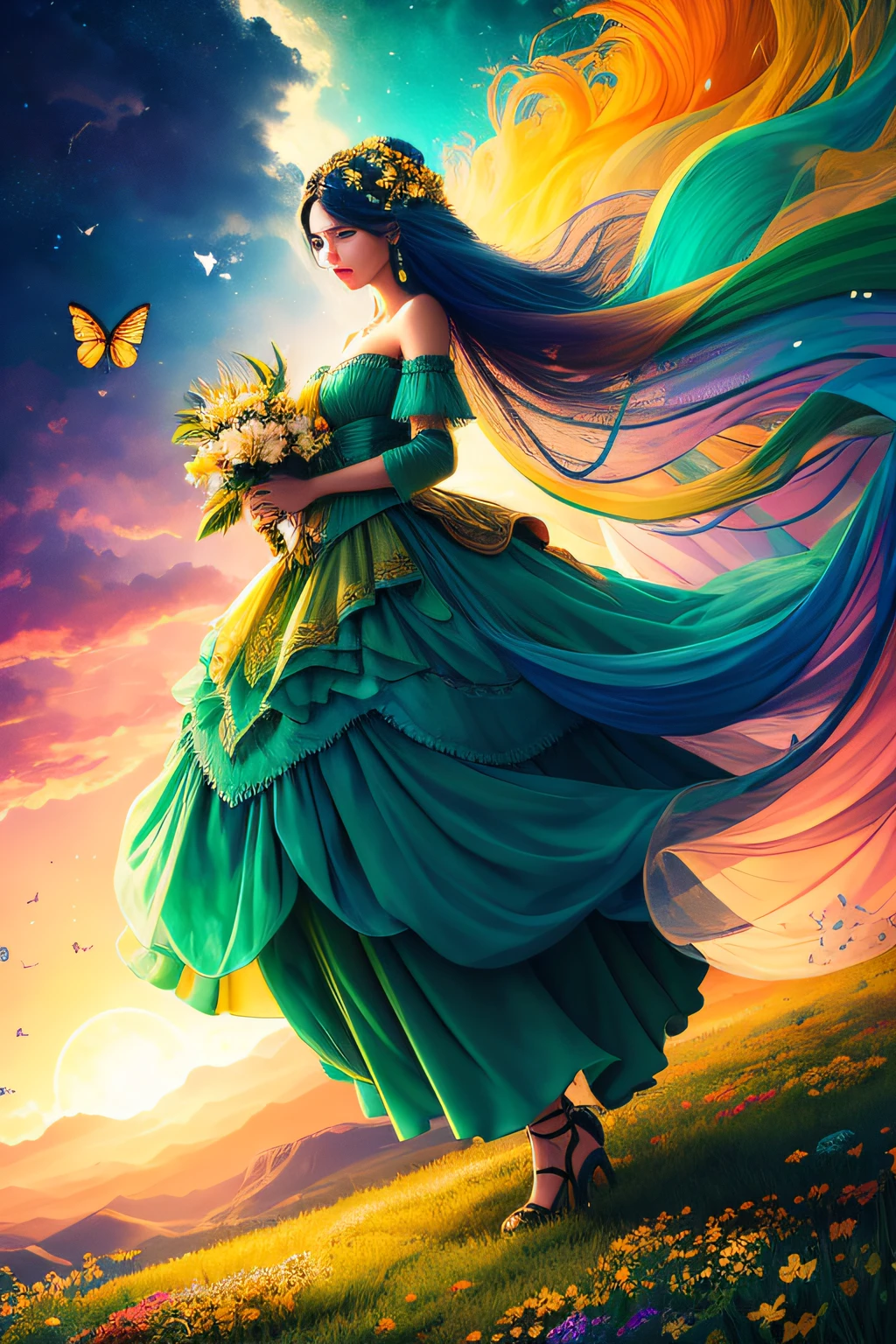 In this scenario is an exotic woman, de cabelos ondulados e longos com um belo vestido verde musco longo. This setting is an exotic and magical forest with predominantly green and gold colors. Everywhere it has giant green leaves and beautiful exotic flowers of various colors. It is a magical and enchanted place. In the sky a beautiful sunset and butterflies fly through the sky.