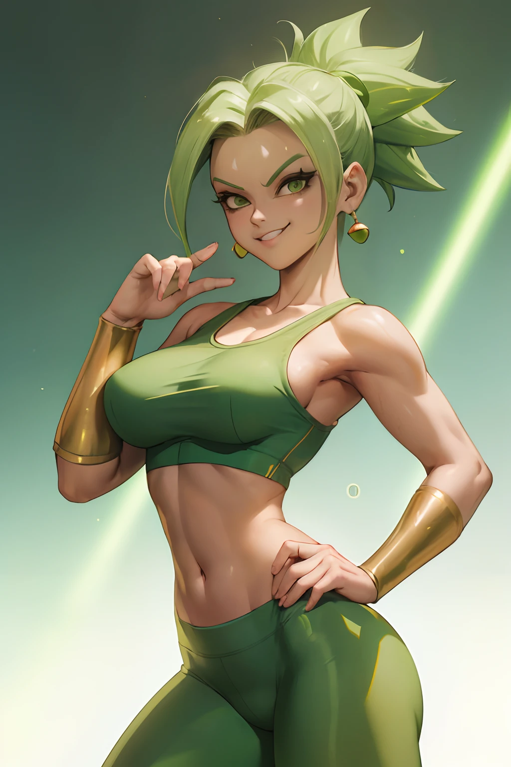(best quality, masterpiece), green hair, green earrings, yoga pants, yoga bra, skin tight, toned, smug, smirk, kefla, thin waist, backlight,
