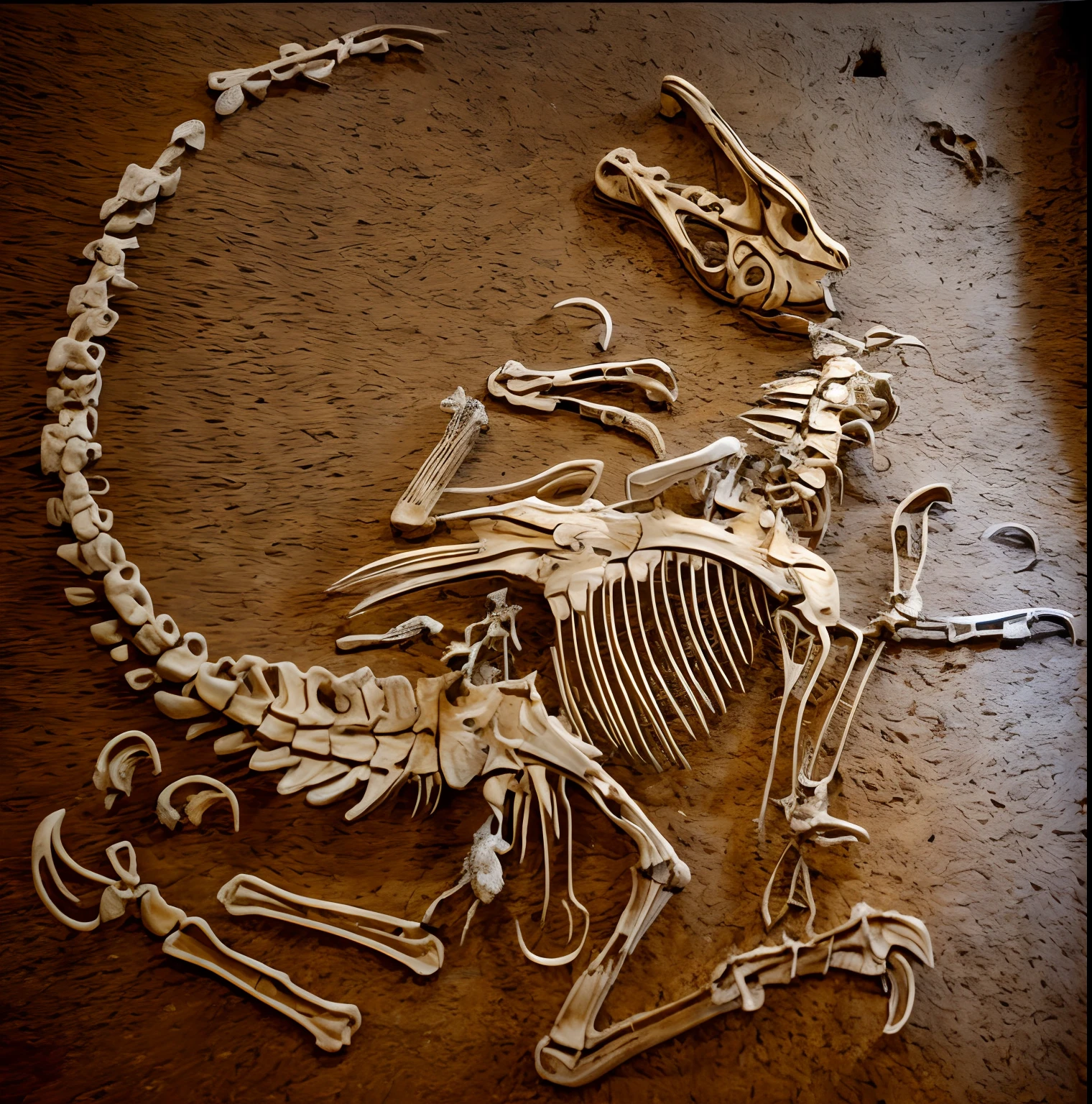 arafed image of a skeleton with a bird on it's back, dinosaur bones, dinosaur skeletons, etched relief, on display in a fossil museum, fossil, lithoraph engraving, velociraptor, skeletal with extra fleshy bits, nachosaurus, fossil ornaments, dinosaur wood carving, textured detailed skeleton, dinosaur, highly detailed engraving