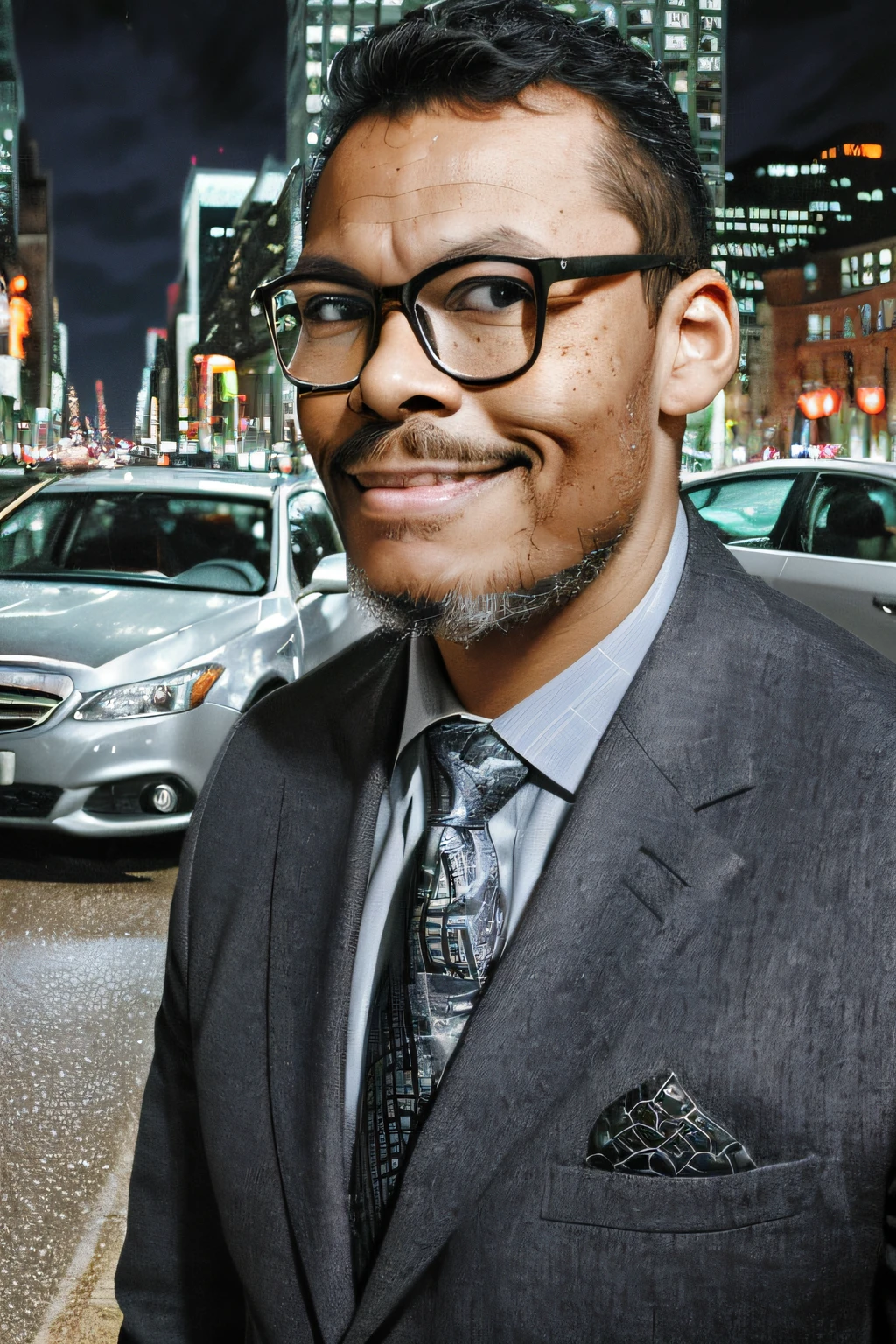 guttonerdvision10, a drawing of a bespectacled man wearing glasses, with a (hyper-detailed face:1.3), wearing social clothing with a tie, posing next to his silver gray sedan car. Street, night, illuminated buildings, hyperrealistic background, background blur. By Alex Ross, detailed, 8k