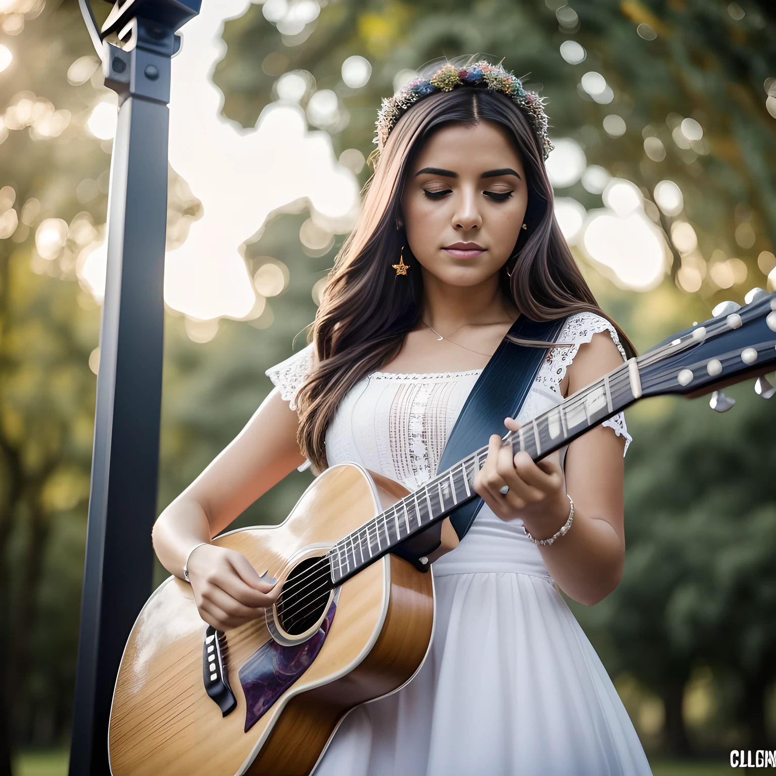 una mujer hermosa (Famosa estrella del pop) De pie en un escenario tocando una guitarra en un concierto pop, Instagram Influencer, Caliente en CANON R5, 85 mm docking station, photo session, Profundidad de campo, Incredibly intricately detailed, Hiper maximalista, elegante, hiperrealista , Super detailed, dynamic  pose, centrado, Cinematographer, Daylight, dynamic, Altamente detallado, foco nítido