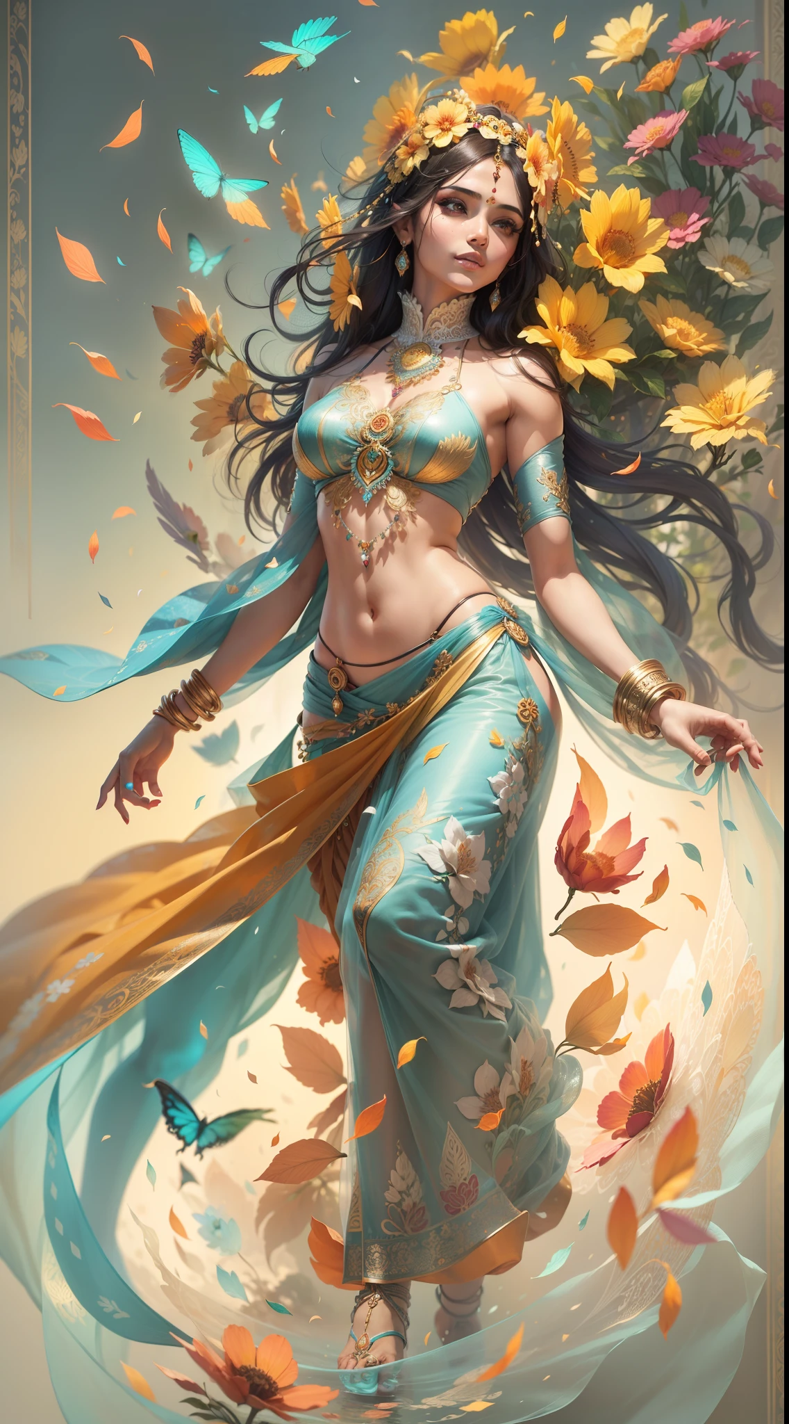 (highly detailed), (illustration), (intricate), (beautiful face), (attractive body), (complete body picture), modern indian goddess, transparent clothes, dynamic pose, flying flower petals, colorful, eye-catching, heavenly.