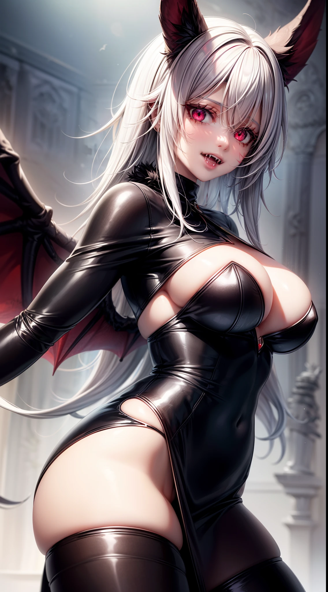 realistic photo of slaved (savage, tribal, jungle)_vampire with (white hair), bat fur, bat ears, coat|wings, ((fangs)), futuristic_extremely_detailed_tight_(lacy, silk, satin, leather, latex, fur)_(clothing, skirt), detailed face, detailed beautiful shiny red eyes, slit pupils, metallic reflections, ((tatooed, marked)_with_shining_runes)_fit_muscular_body, shiny white skin, tropical city ruins fog, 1girl, natural breasts, medium length white hair, masterpiece, best quality, beautiful and aesthetic:1.2, fractal art:1.4