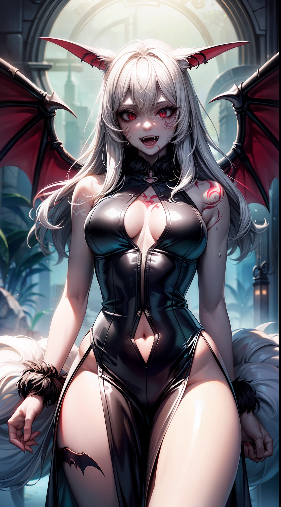 realistic photo of slaved (savage, tribal, jungle)_vampire with (white hair), bat fur, bat ears, coat|wings, ((fangs)), futuristic_extremely_detailed_tight_(lacy, silk, satin, leather, latex, fur)_(clothing, skirt), detailed face, detailed beautiful shiny red eyes, slit pupils, metallic reflections, ((tatooed, marked)_with_shining_runes)_fit_muscular_body, shiny white skin, tropical city ruins fog, 1girl, natural breasts, medium length white hair, masterpiece, best quality, beautiful and aesthetic:1.2, fractal art:1.4
