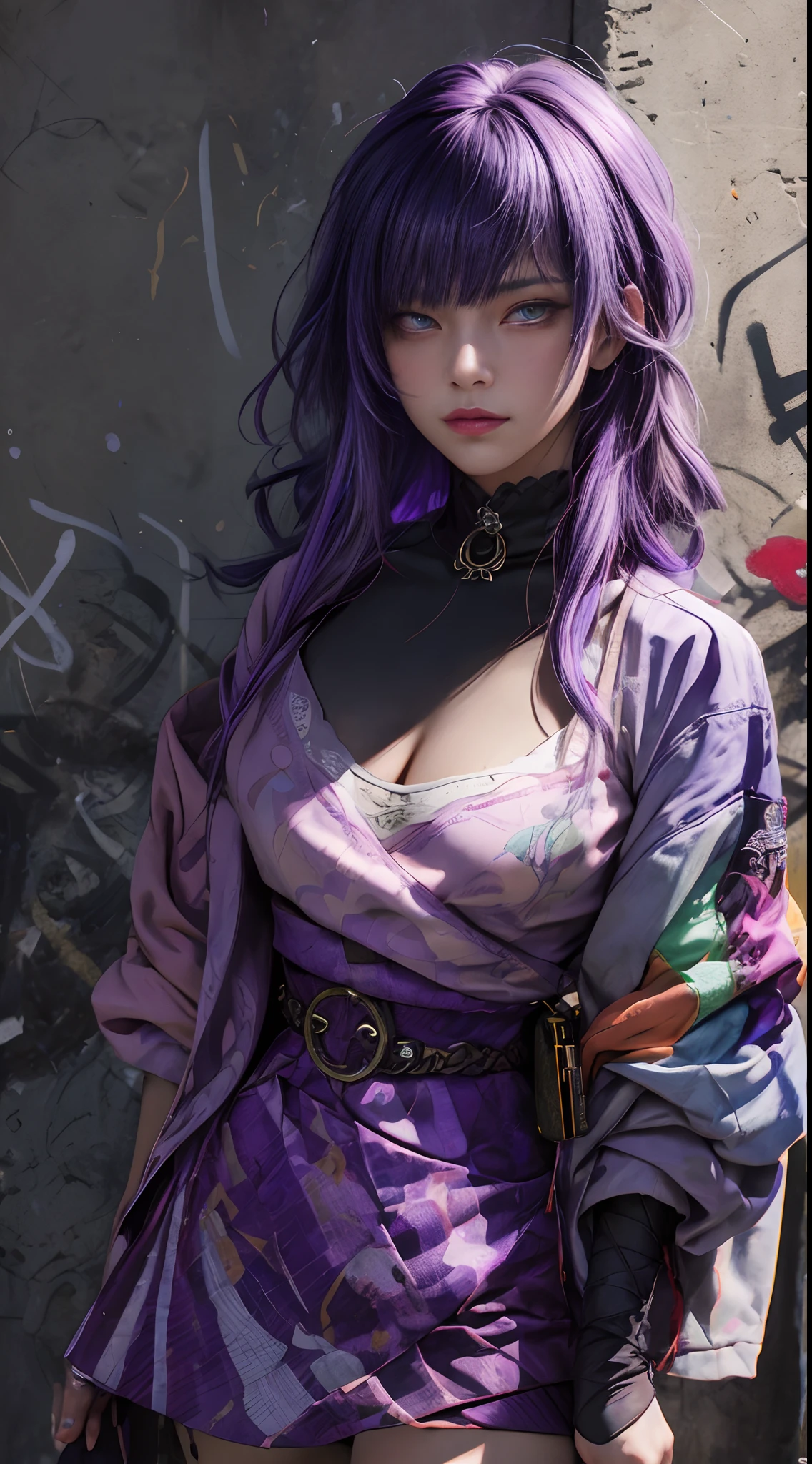 (masterpiece, best quality, 1girl, solo, intricate details, chromatic aberration), realistic, ((medium breath)),long hair, purple hair, purple head ornament, purple highlights, hair over one eye, green eyes, sharp eyes, choker, neon shirt, torn legwear, open jacket, turtleneck sweater, against wall, brick wall, graffiti, dim lighting, alley ,look at viewer,