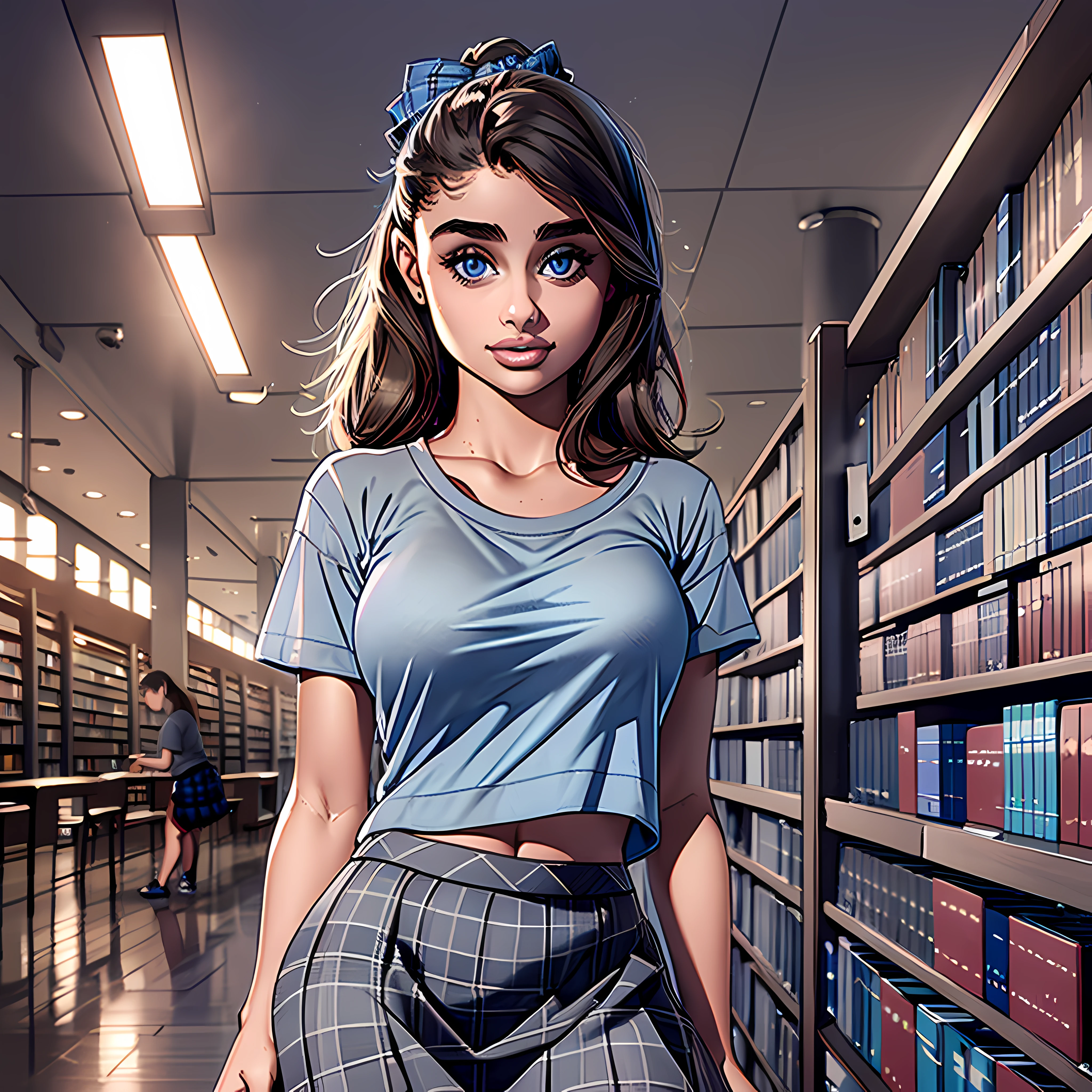 a Taylor Hill, (wearing (gray T-shirt) (blue plaid skirt), perfect body, in library, 8k night light