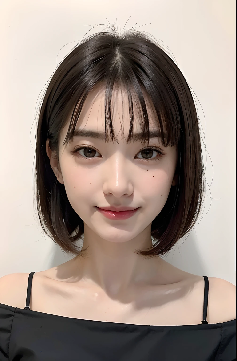 masterpiece、Highest quality、Realistic、超High resolution、High resolution、16k wallpaper、Very detailed、Finer details、Cinema Lighting、White Room、Selfie of a young woman, Very detailedな顔、Transparent white skin texture、Rounded outline、Natural Makeup、A small smile、short hair、Gentle expression、Detailed eyes、Symmetrical black eyes、(short hair、Less hair volume、Thick hair、Coarse hair、High quality grey tank top)、nice, cute、Japanese Gravure Idol