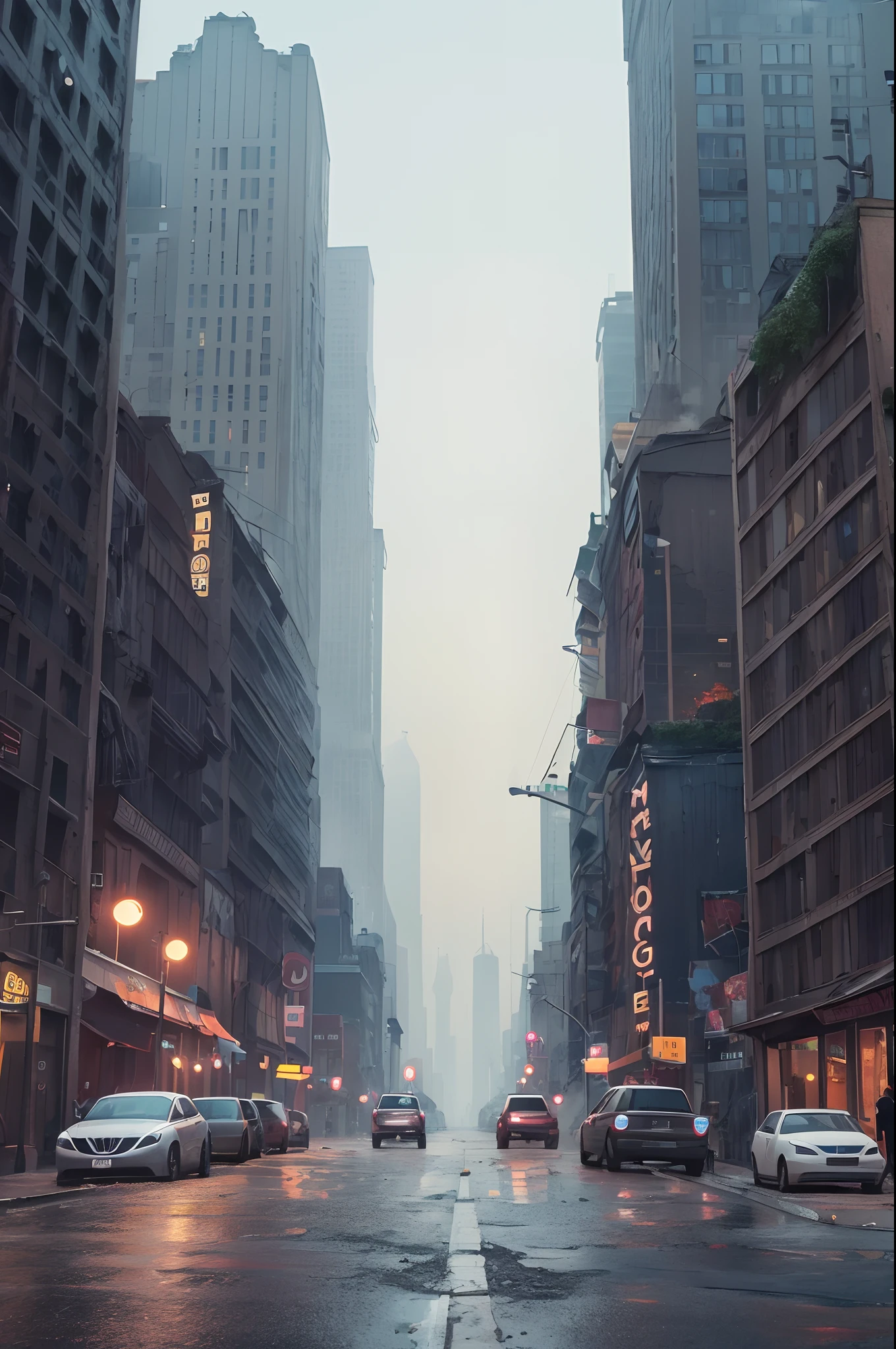 a city street filled with lots of tall buildings, a matte painting inspired by Simon Stålenhag, pexels contest winner, hyperrealism, an abandoned dystopian city, grimy streets backdrop, post - apocalyptic city streets