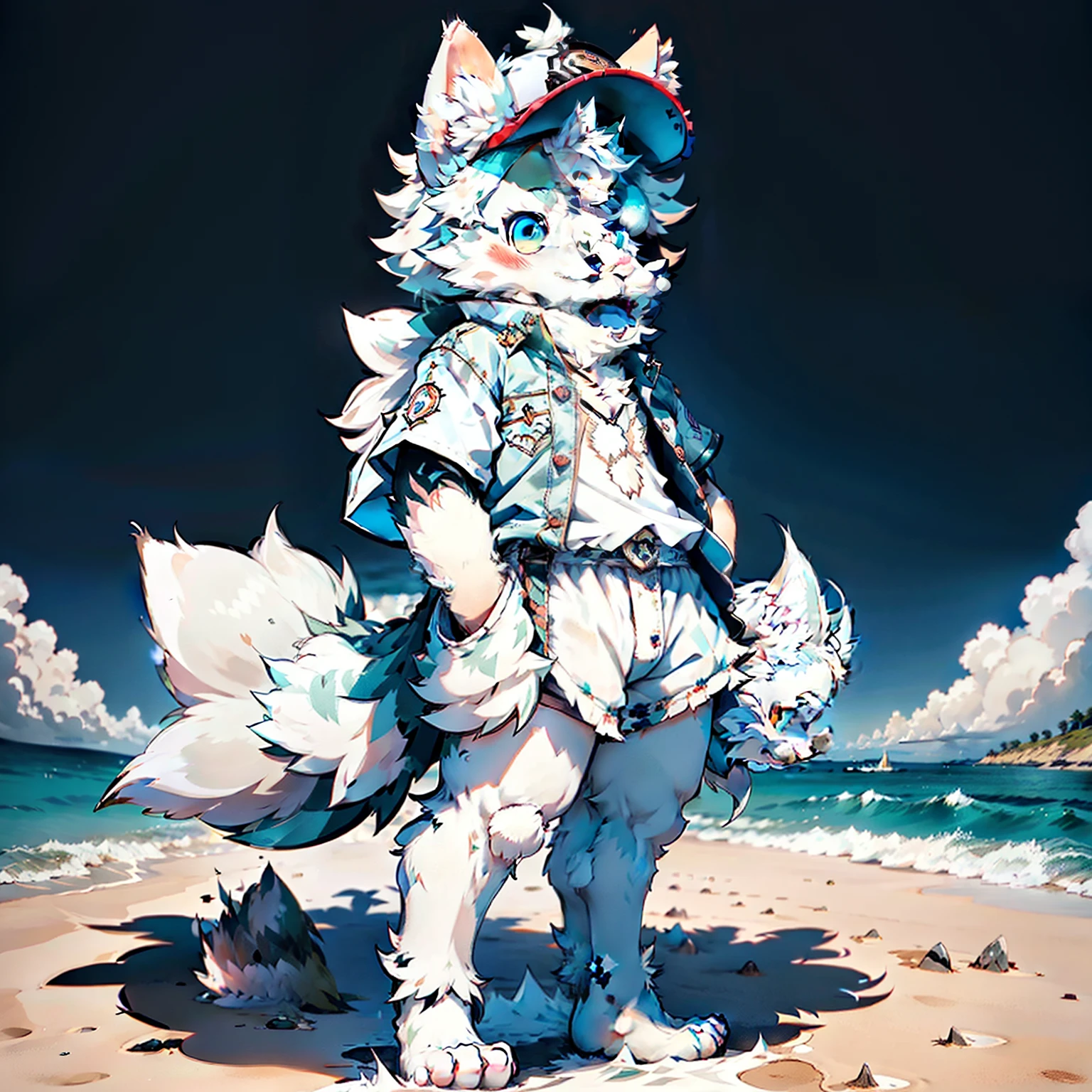 menino lobo, novo, kemono, tomando sorvete na praia, peitoral bem desenvolvido