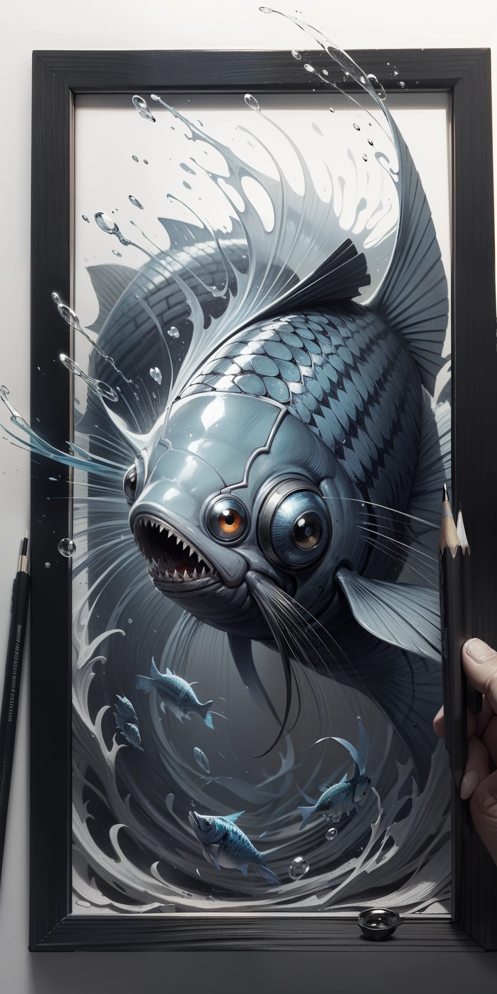 a detailed pencil black and white drawing of a curious fish waring light blue colored glasses on a white background --auto --s2