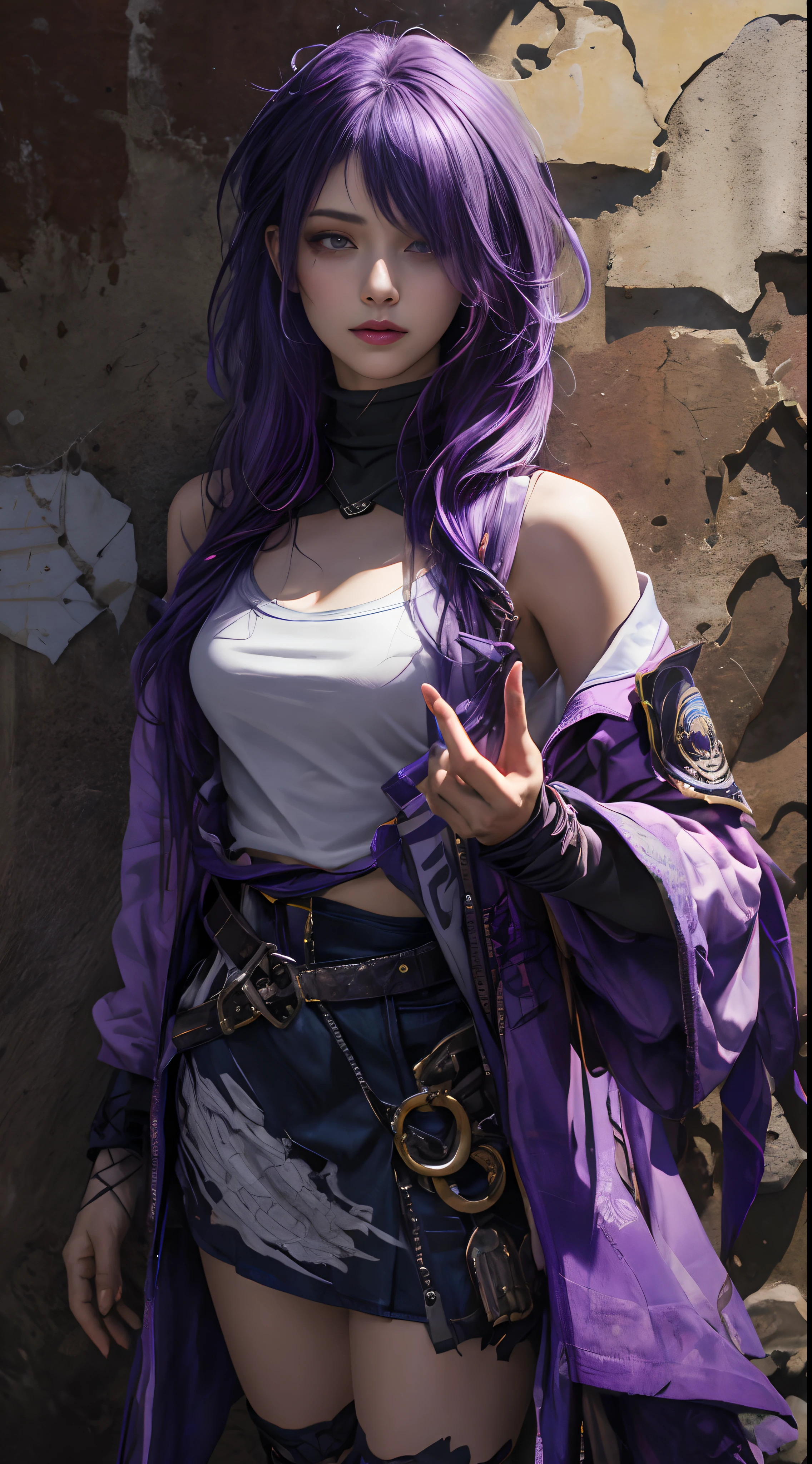 kaisa league of legends, standing backwards, in this, super long dark purple hair, face detailed, posse sexy, K/DA Ahri Outfit, super detaill, high resolution, 8k, Overview