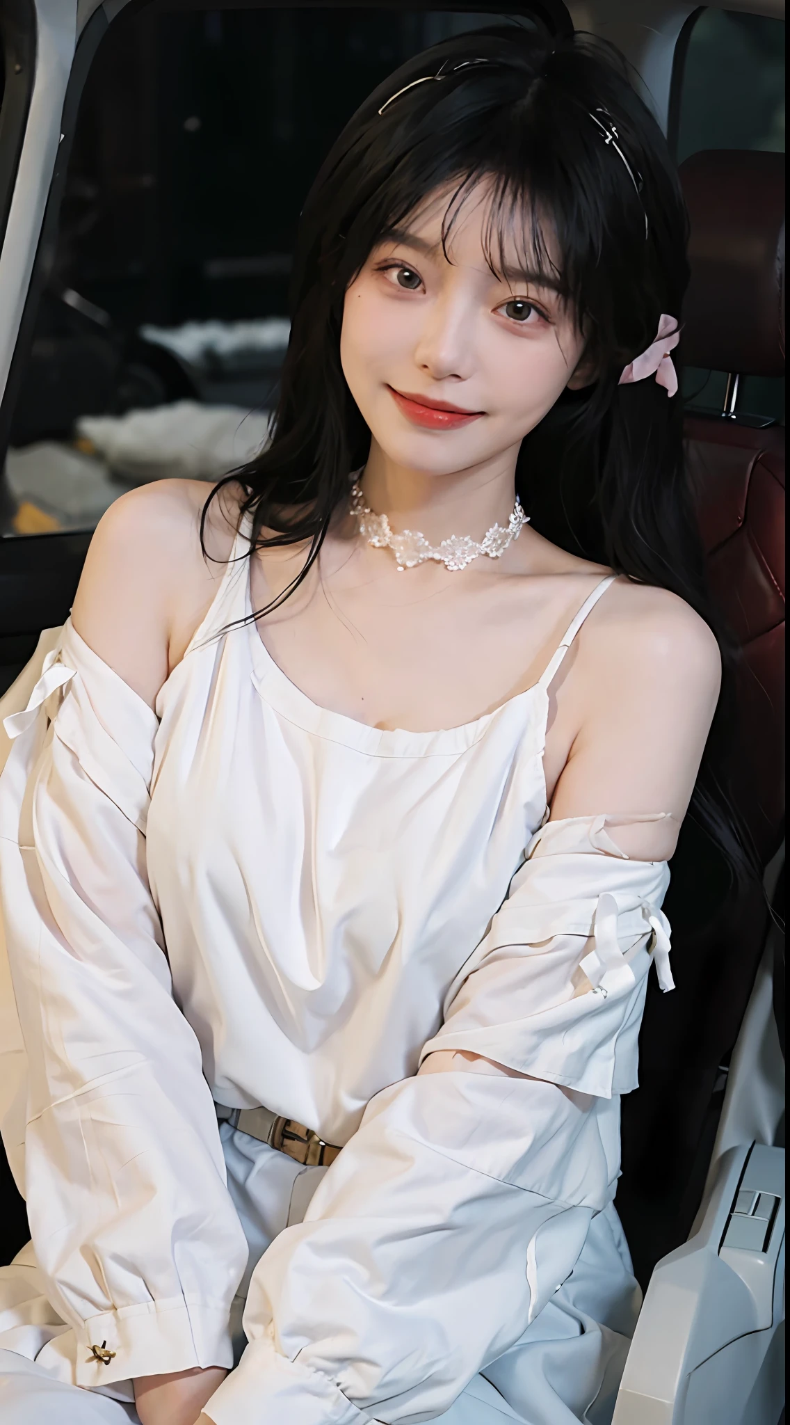 best qualtiy，tmasterpiece，超高分辨率，（realisticlying：1.4），2girls，winking，self-shot，，Gauze clothes，，Large wavy curls，Goose egg face，tiara crown，Enchanted smile，二重まぶた，A pair of peach blossom eyes，Lace sweater dress，Pure，choker necklace，adolable，Snow-white translucent skin，head straight-looking at viewer，In Maserati cars，Full of atmosphere，hair pin：1.4，（The upper part of the body：1.4），